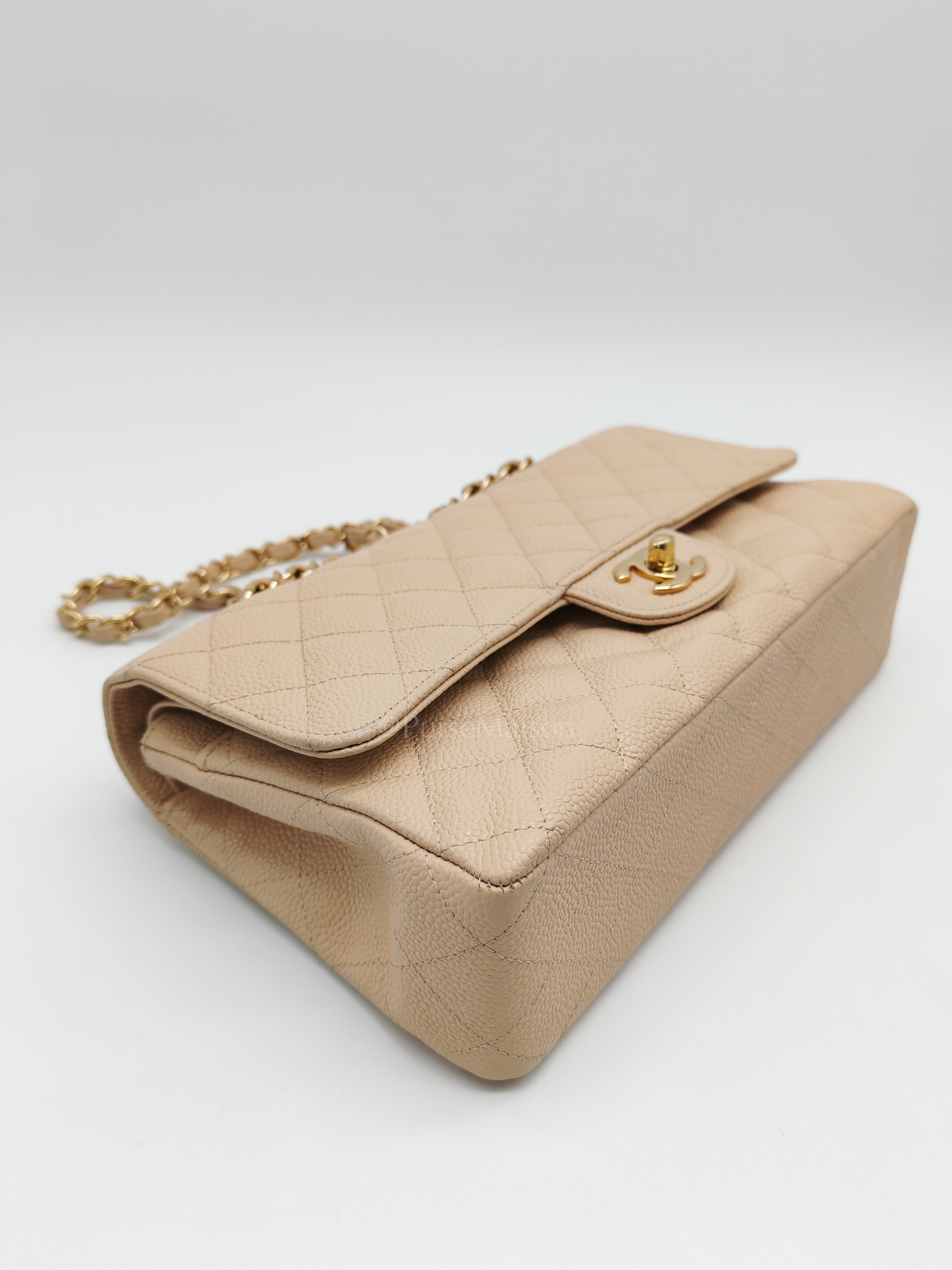 Classic Double Flap Medium in Beige Clair Caviar Leather and Gold Hardware Series 18 | Purse Maison Luxury Bags Shop