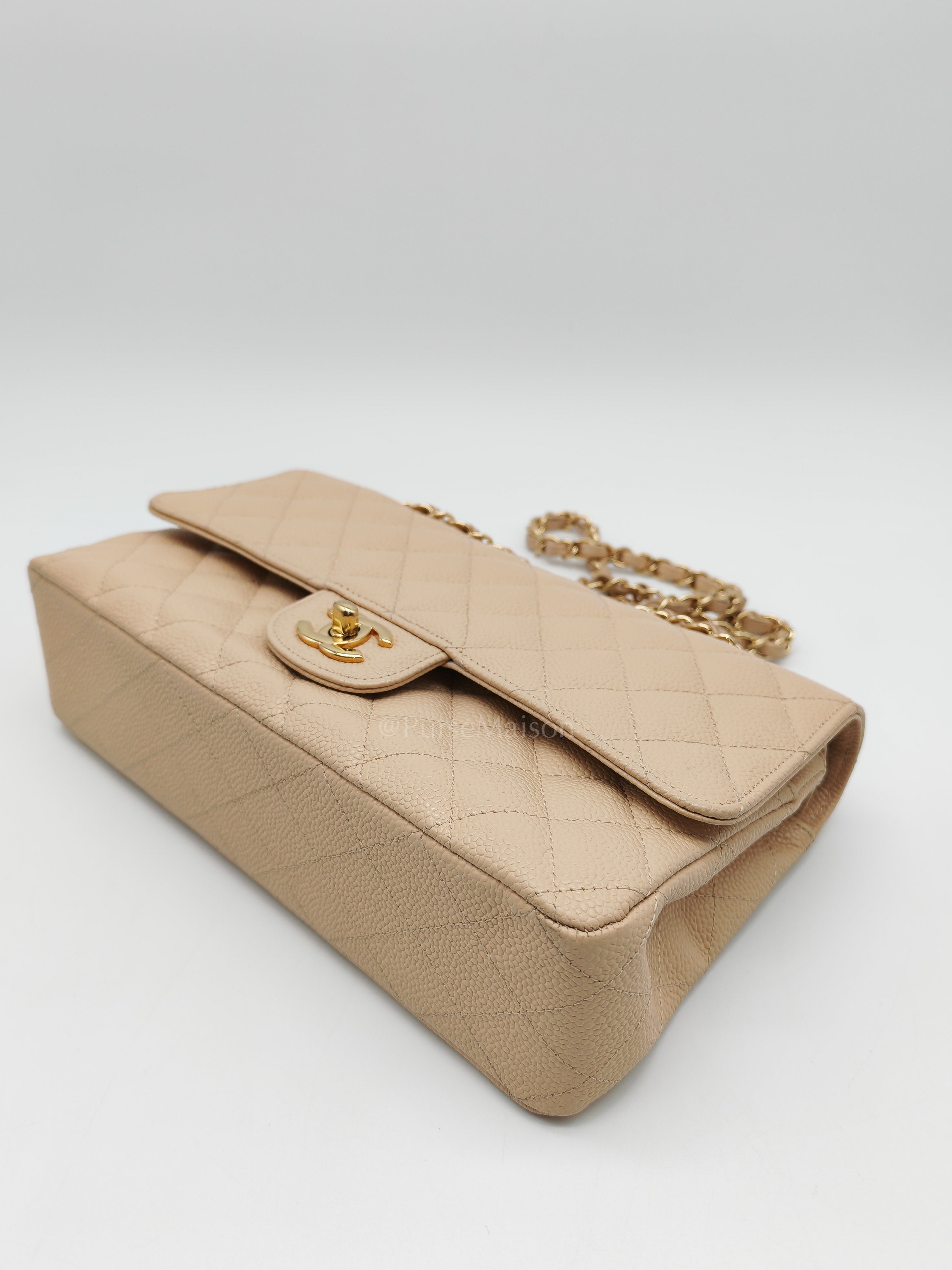 Classic Double Flap Medium in Beige Clair Caviar Leather and Gold Hardware Series 18 | Purse Maison Luxury Bags Shop