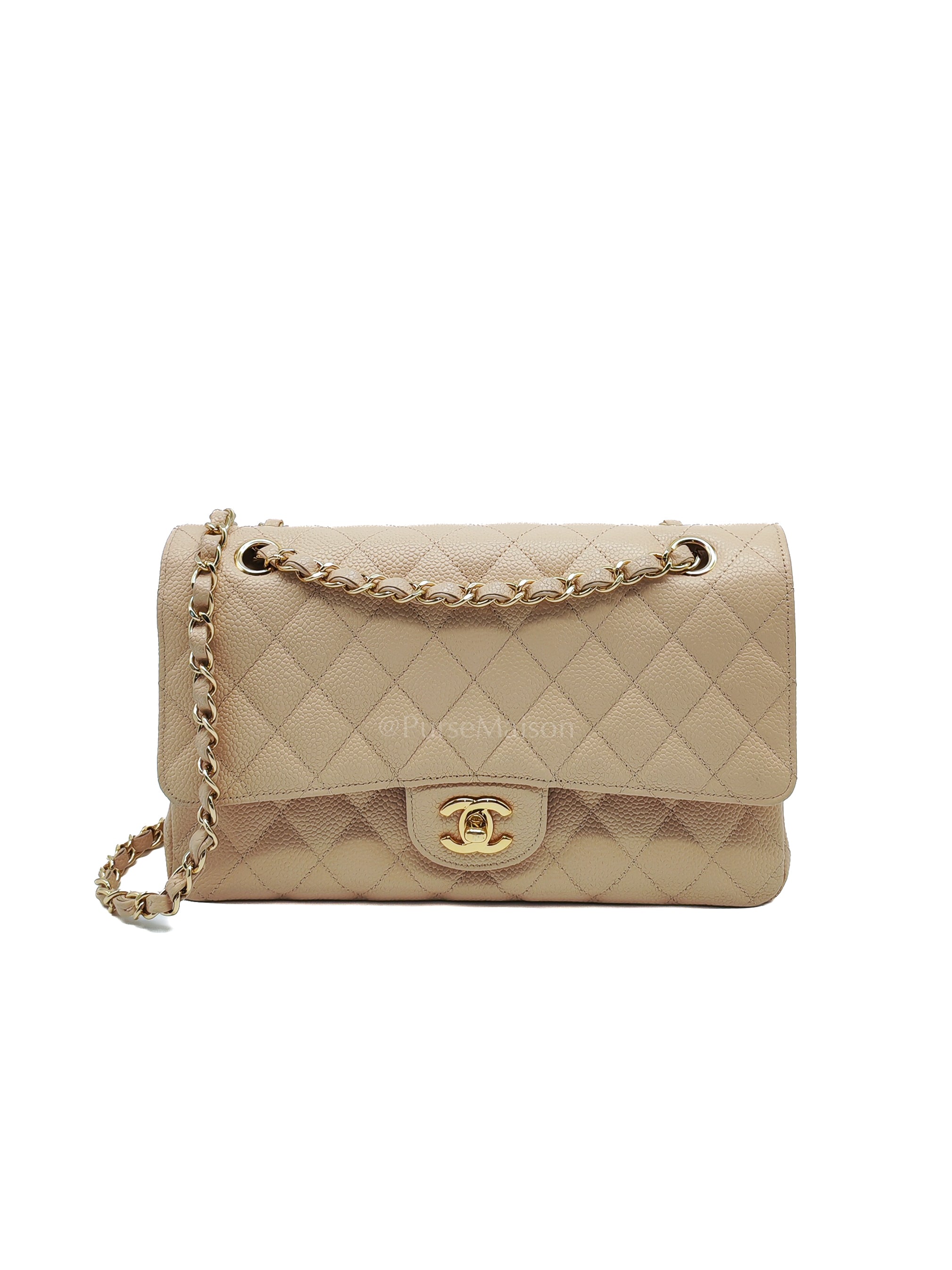 Classic Double Flap Medium in Beige Clair Caviar Leather and Gold Hardware Series 18 | Purse Maison Luxury Bags Shop