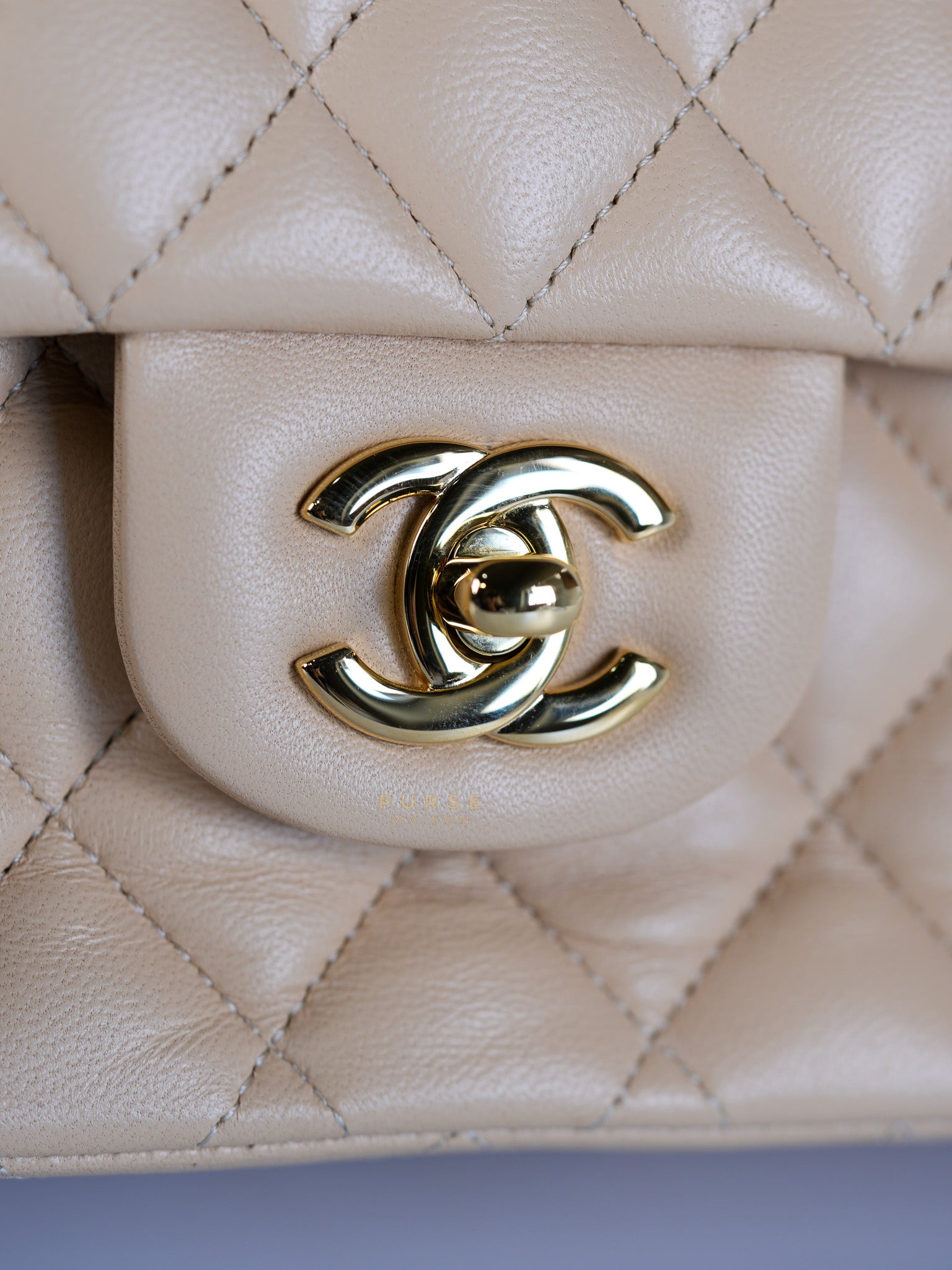 Classic Double Flap Medium in Beige Quilted Lambskin Leather Gold Hardware (Microchip) | Purse Maison Luxury Bags Shop