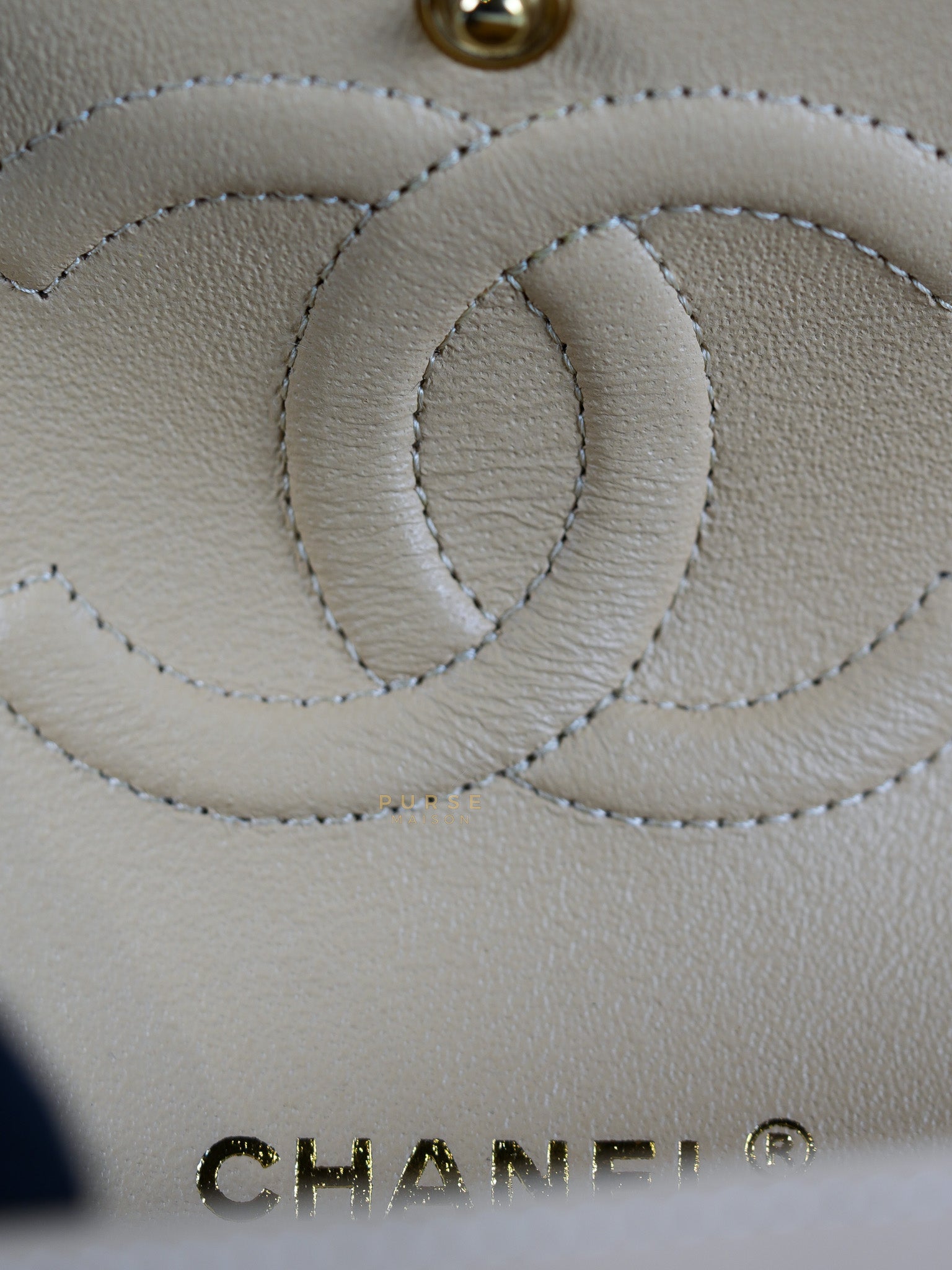 Classic Double Flap Medium in Beige Quilted Lambskin Leather Gold Hardware (Microchip) | Purse Maison Luxury Bags Shop