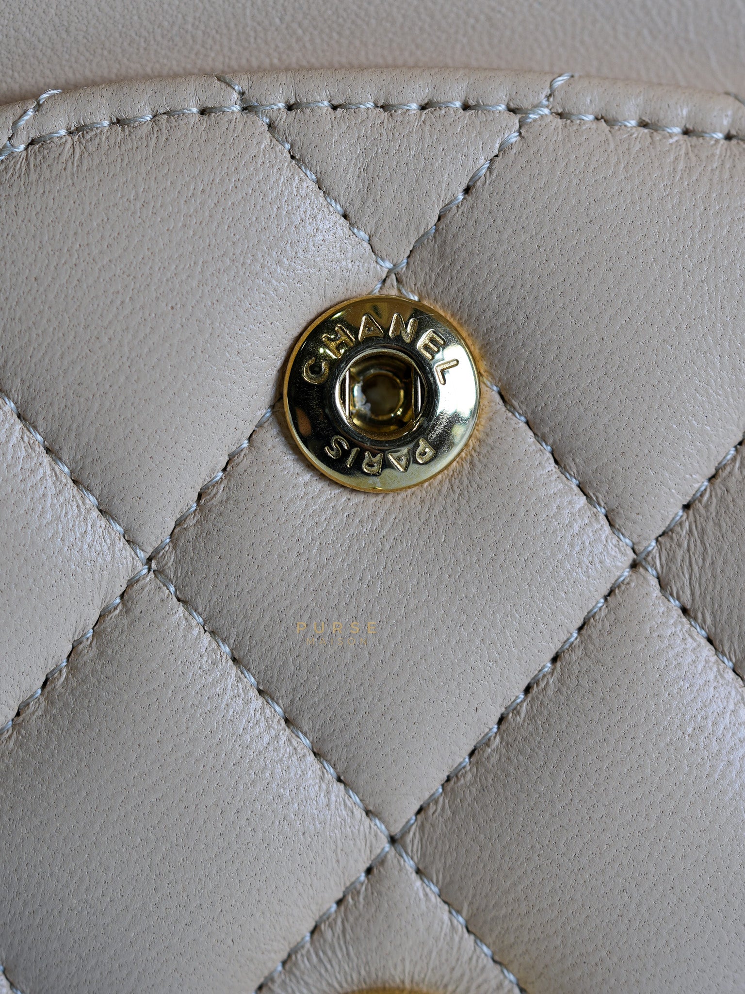Classic Double Flap Medium in Beige Quilted Lambskin Leather Gold Hardware (Microchip) | Purse Maison Luxury Bags Shop
