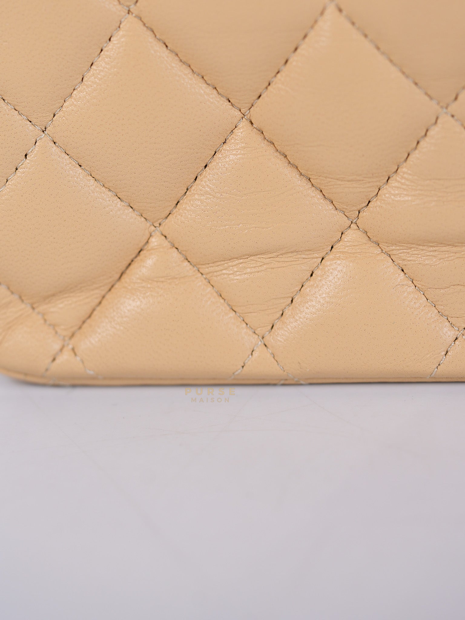 Classic Double Flap Medium in Beige Quilted Lambskin Leather Gold Hardware (Microchip) | Purse Maison Luxury Bags Shop