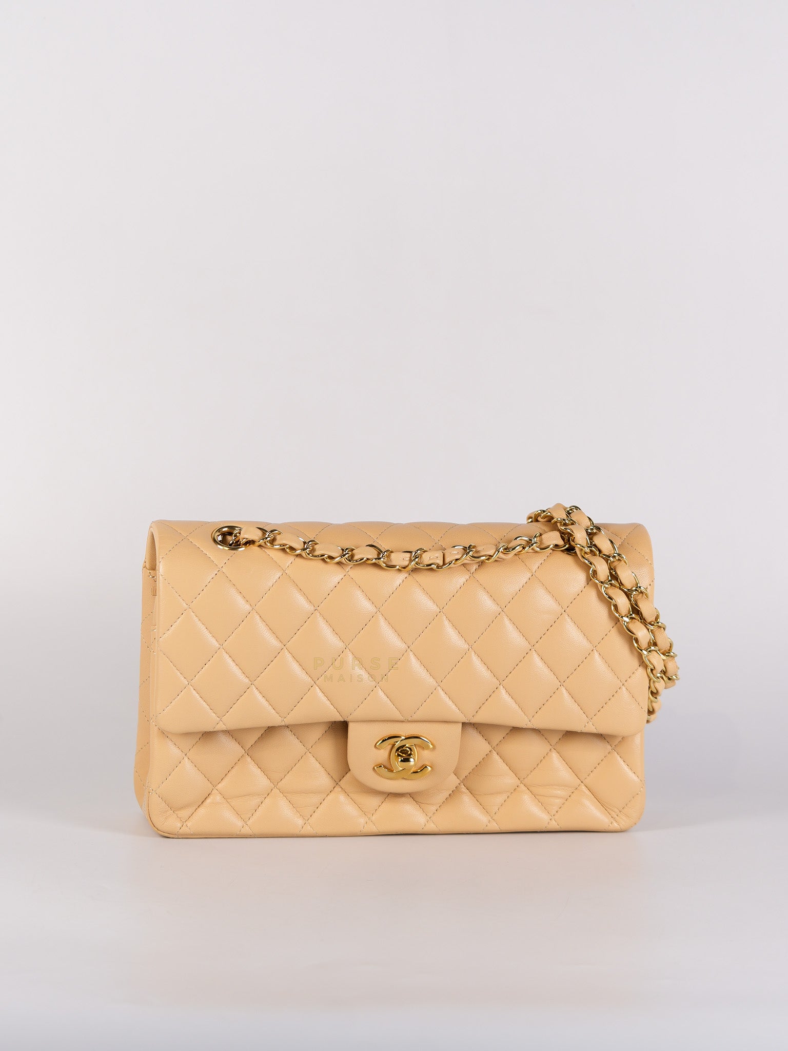 Classic Double Flap Medium in Beige Quilted Lambskin Leather Gold Hardware (Microchip) | Purse Maison Luxury Bags Shop