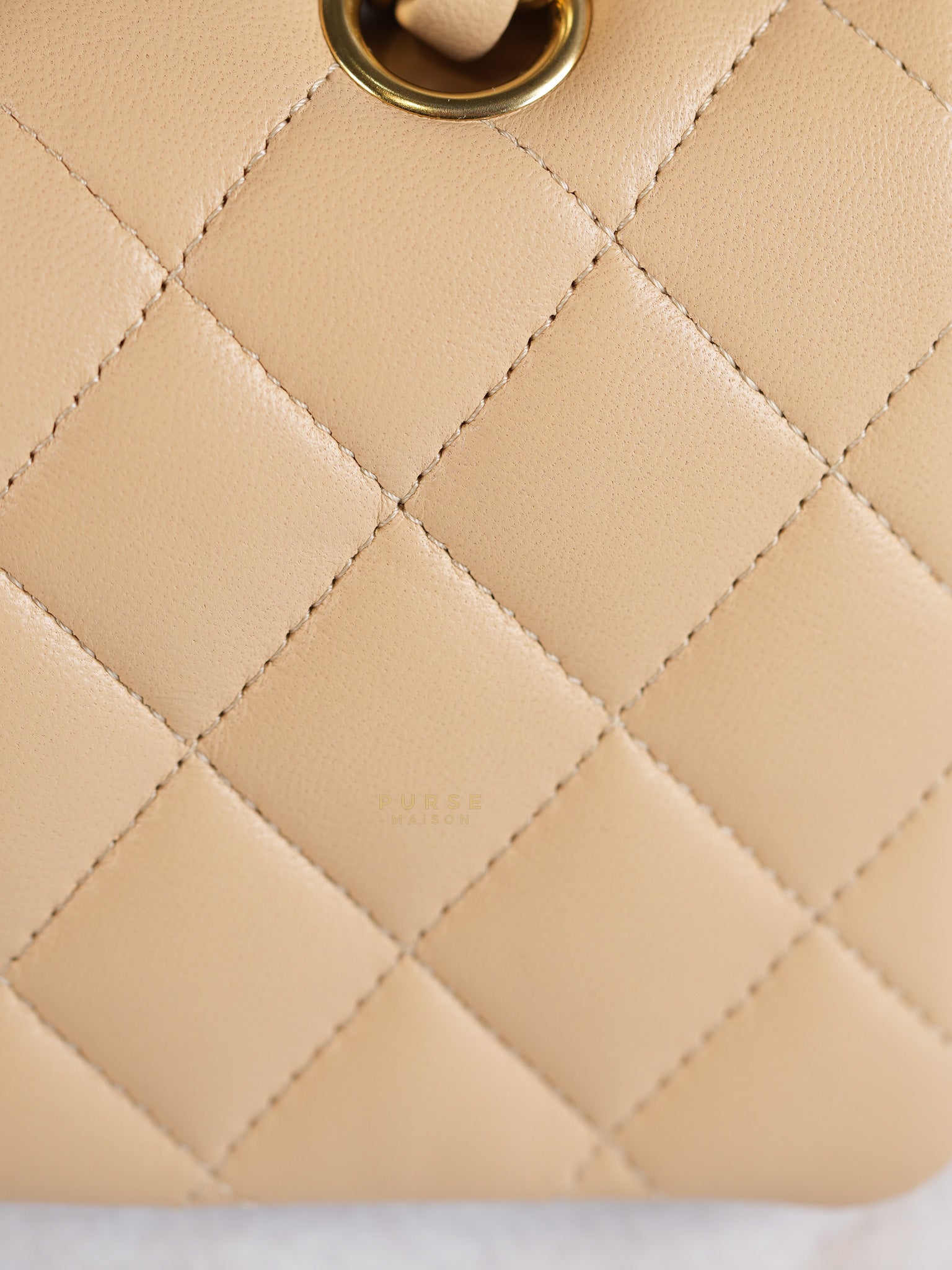 Classic Double Flap Medium in Beige Quilted Lambskin Leather Gold Hardware (Microchip) | Purse Maison Luxury Bags Shop