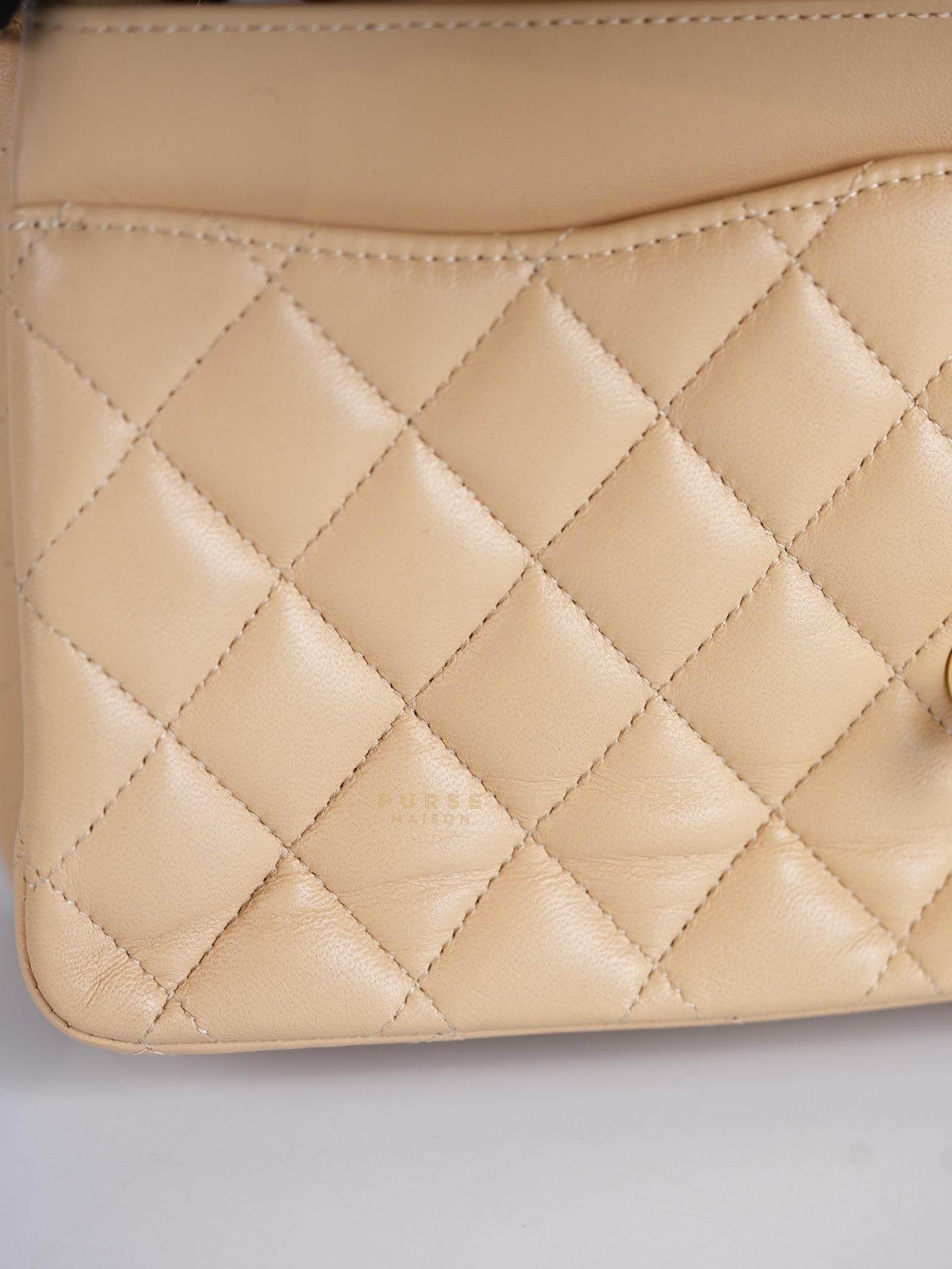 Classic Double Flap Medium in Beige Quilted Lambskin Leather Gold Hardware (Microchip) | Purse Maison Luxury Bags Shop