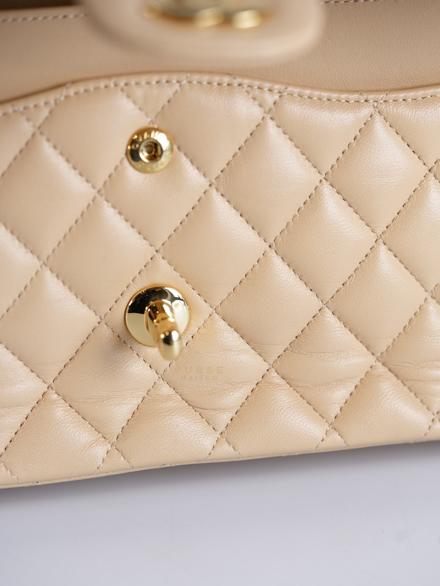 Classic Double Flap Medium in Beige Quilted Lambskin Leather Gold Hardware (Microchip) | Purse Maison Luxury Bags Shop