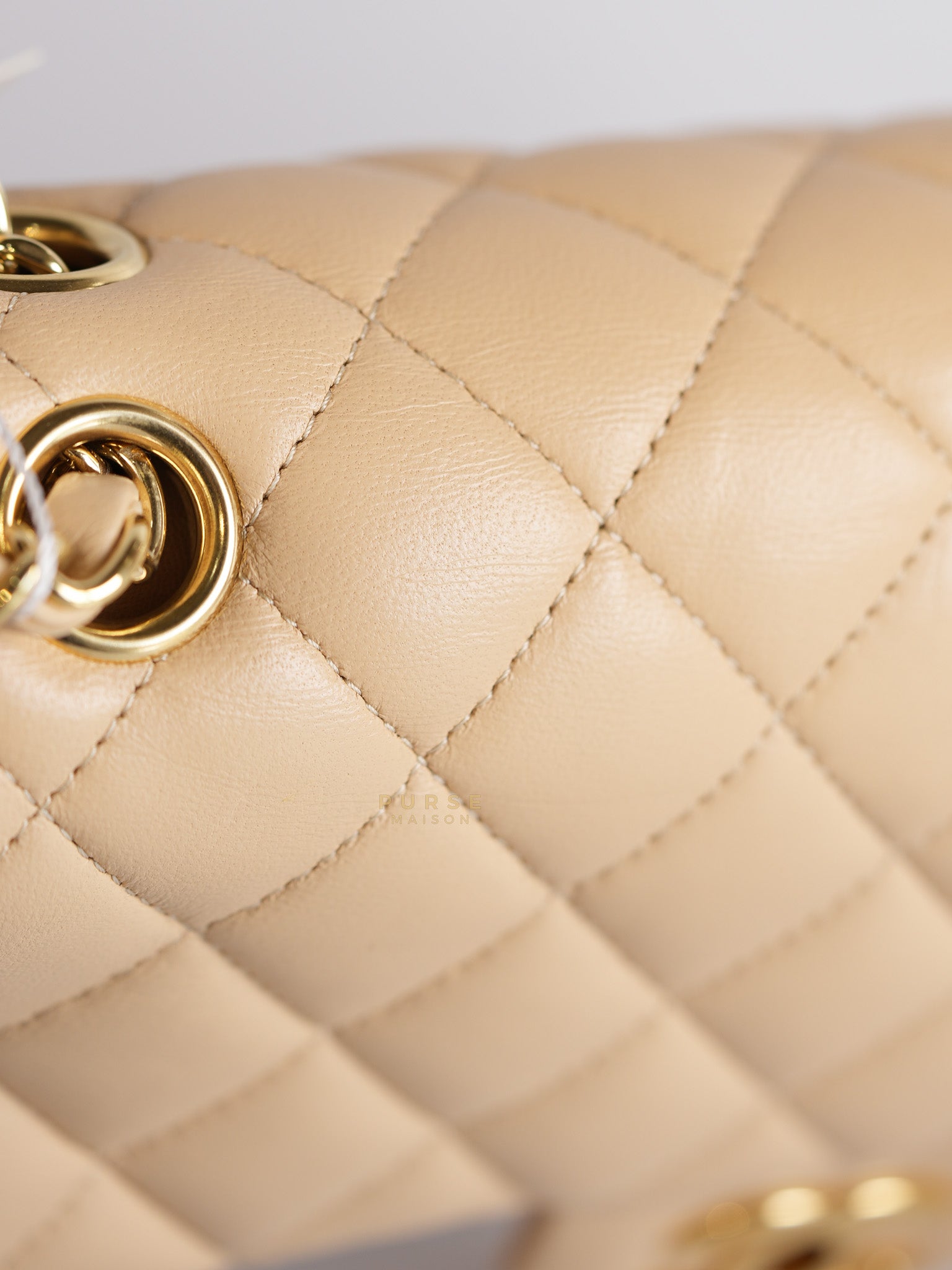 Classic Double Flap Medium in Beige Quilted Lambskin Leather Gold Hardware (Microchip) | Purse Maison Luxury Bags Shop
