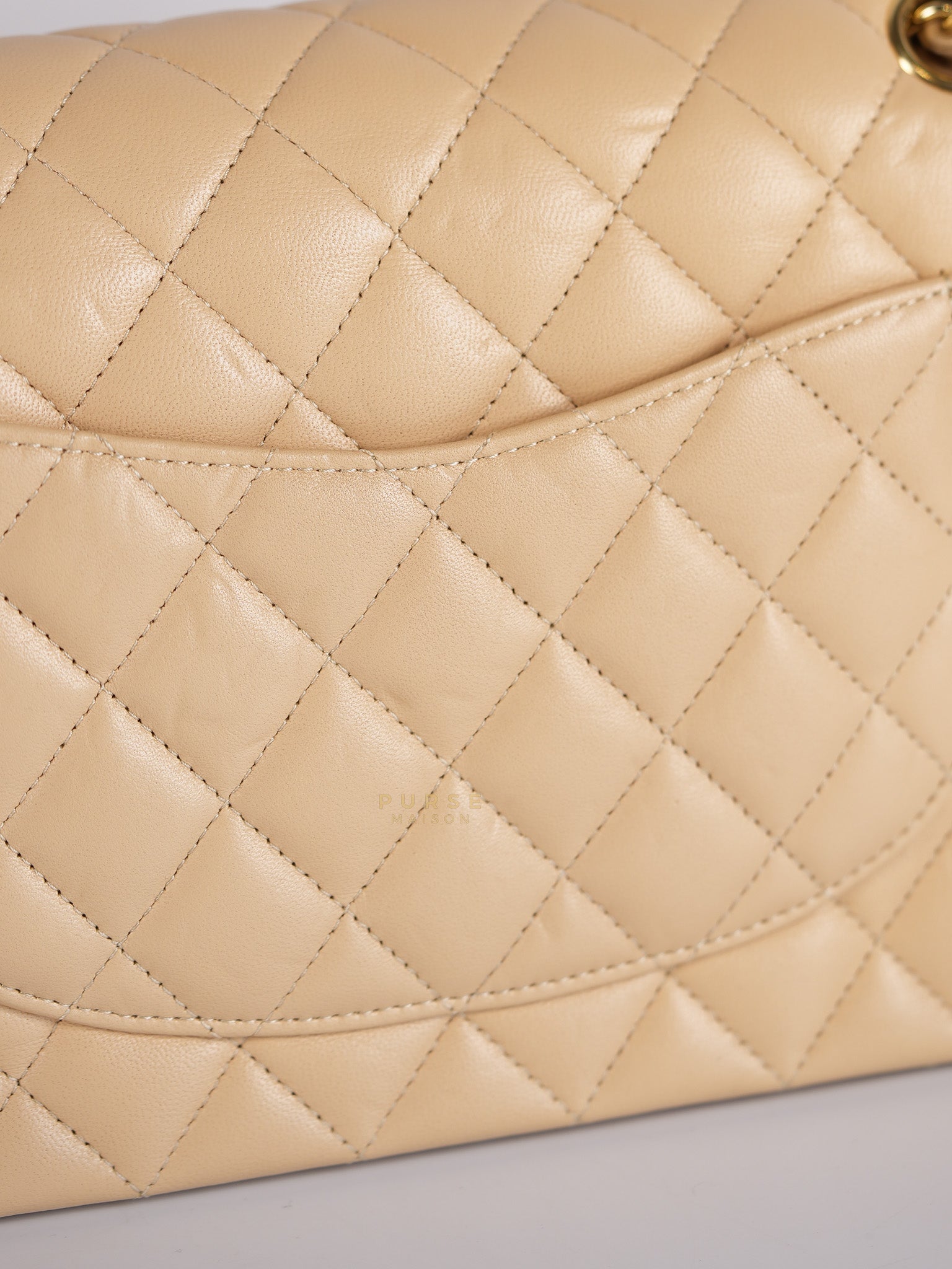Classic Double Flap Medium in Beige Quilted Lambskin Leather Gold Hardware (Microchip) | Purse Maison Luxury Bags Shop