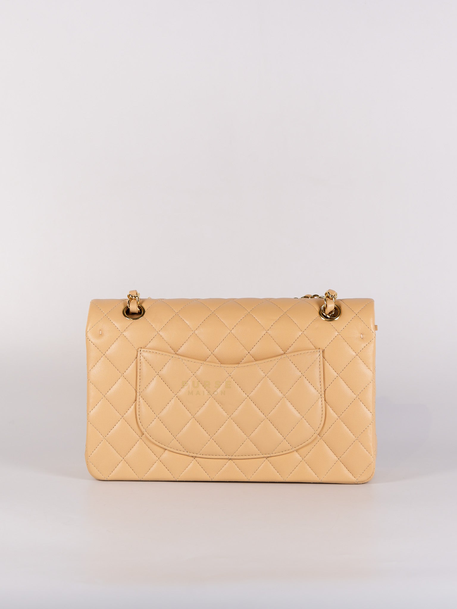 Classic Double Flap Medium in Beige Quilted Lambskin Leather Gold Hardware (Microchip) | Purse Maison Luxury Bags Shop