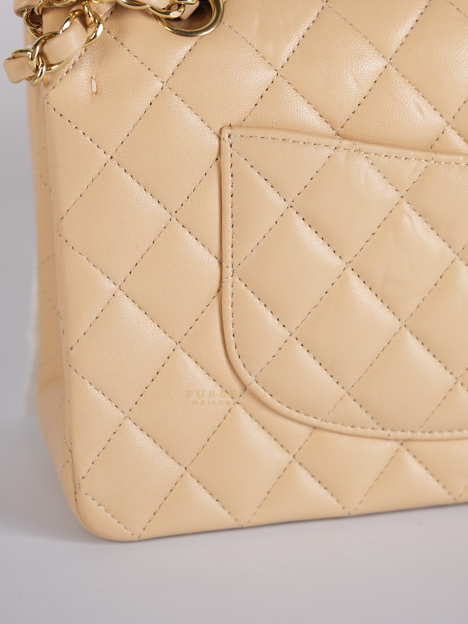 Classic Double Flap Medium in Beige Quilted Lambskin Leather Gold Hardware (Microchip) | Purse Maison Luxury Bags Shop
