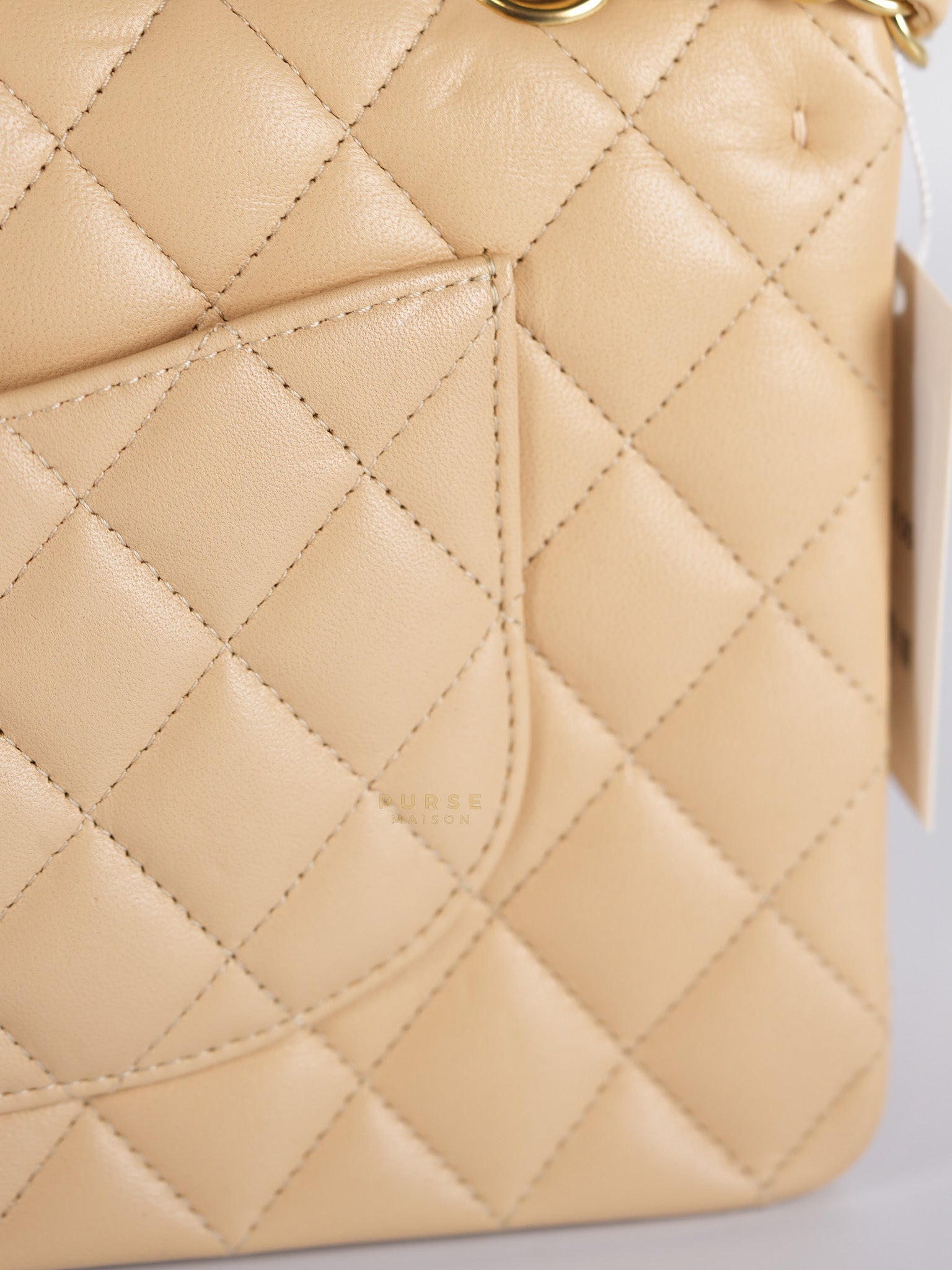 Classic Double Flap Medium in Beige Quilted Lambskin Leather Gold Hardware (Microchip) | Purse Maison Luxury Bags Shop