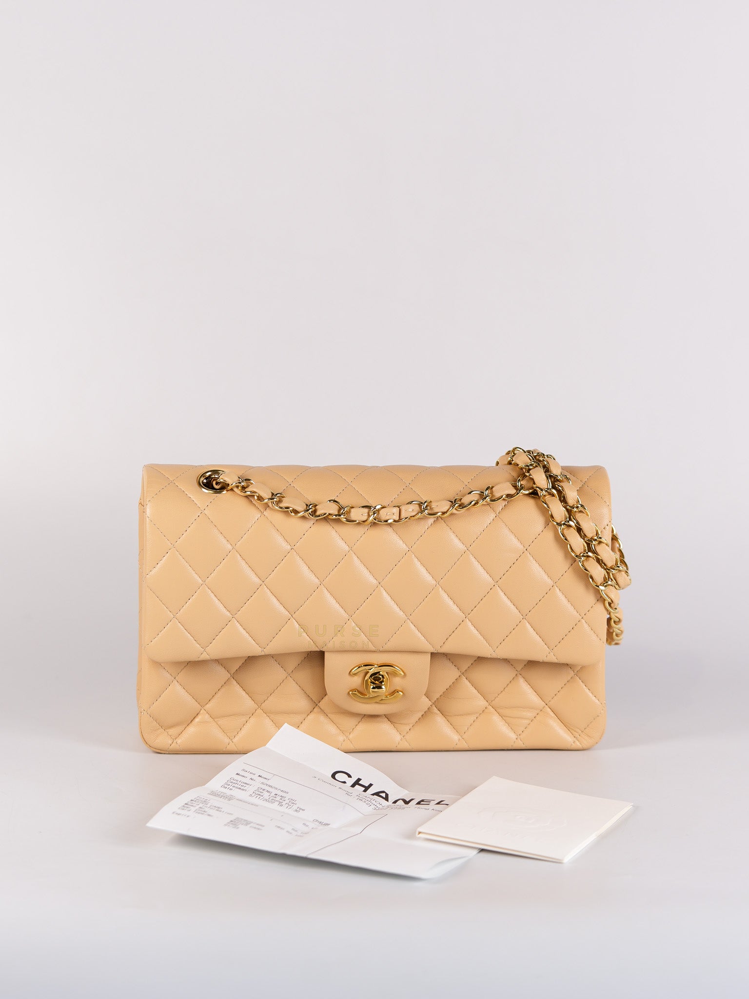 Classic Double Flap Medium in Beige Quilted Lambskin Leather Gold Hardware (Microchip) | Purse Maison Luxury Bags Shop