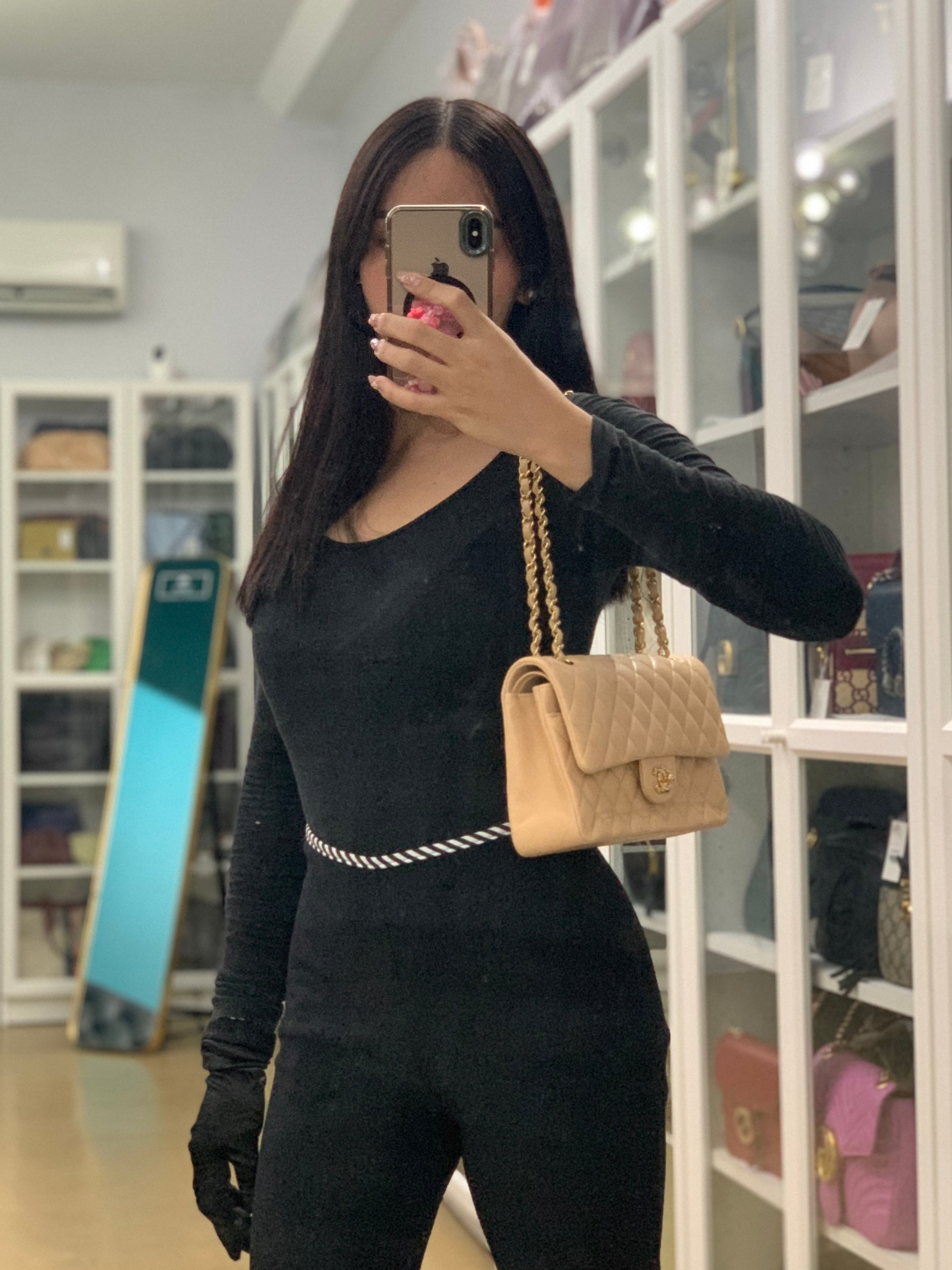 Classic Double Flap Medium in Beige Quilted Lambskin Leather Gold Hardware (Microchip) | Purse Maison Luxury Bags Shop