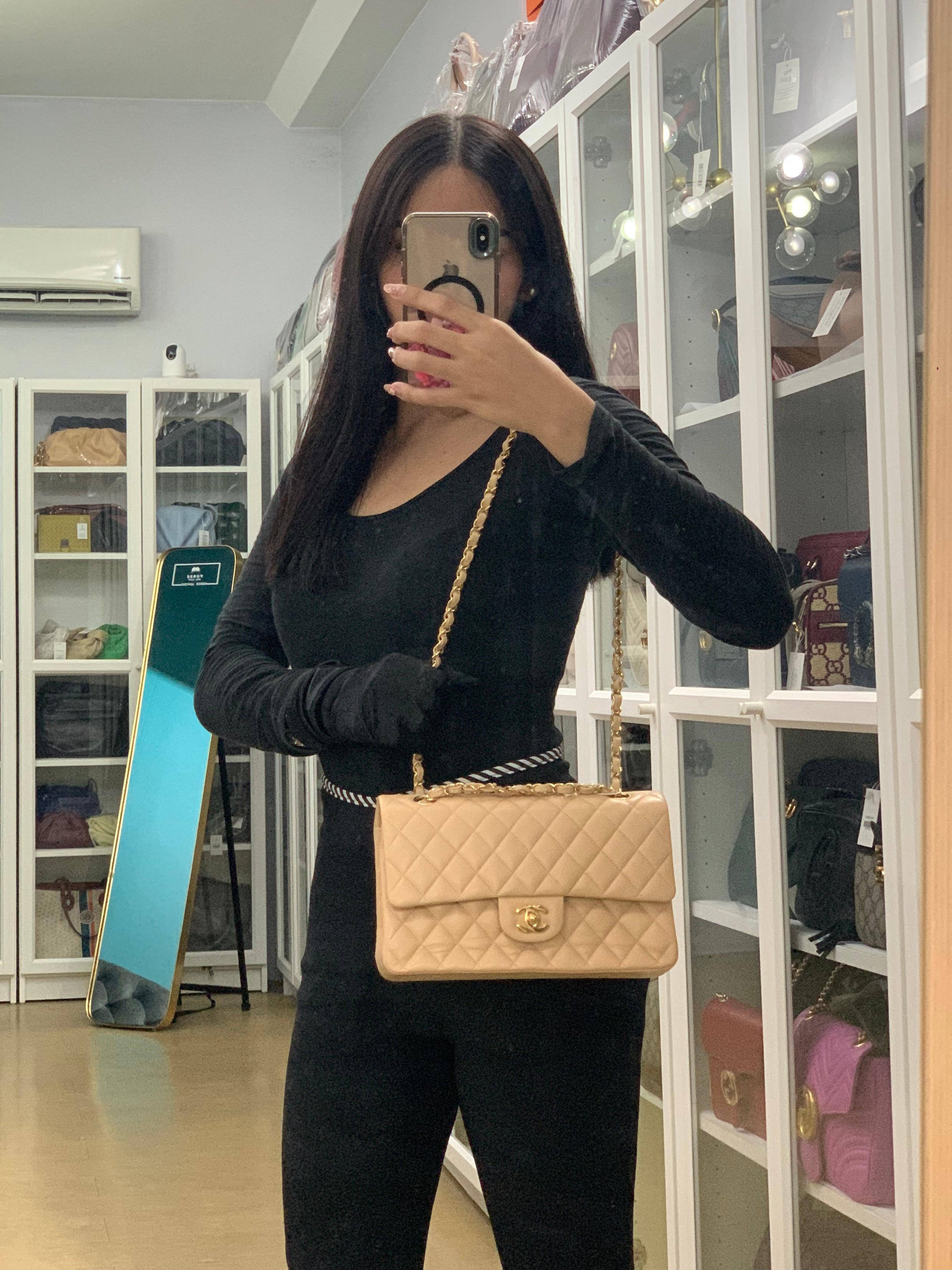 Classic Double Flap Medium in Beige Quilted Lambskin Leather Gold Hardware (Microchip) | Purse Maison Luxury Bags Shop