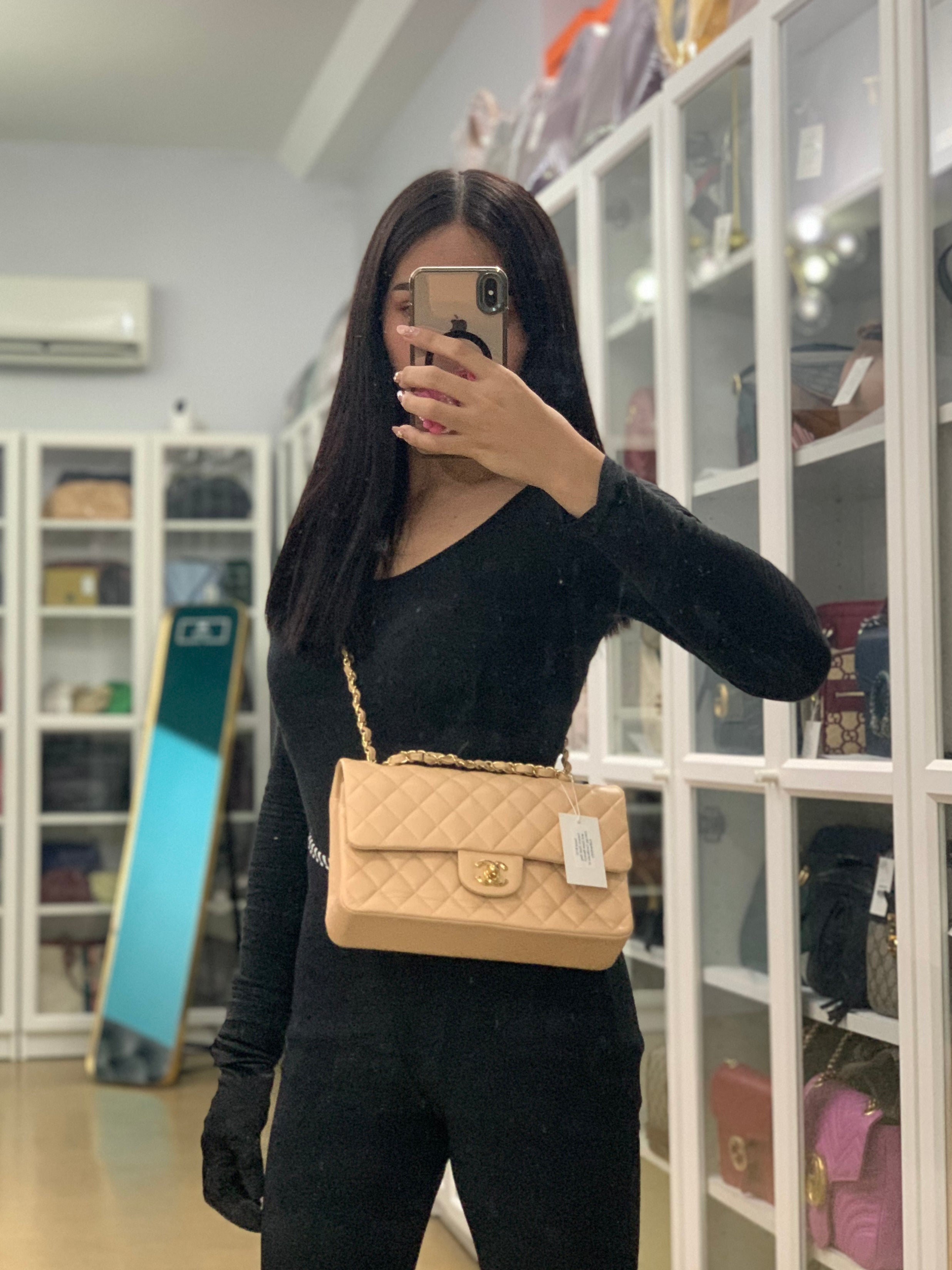 Classic Double Flap Medium in Beige Quilted Lambskin Leather Gold Hardware (Microchip) | Purse Maison Luxury Bags Shop