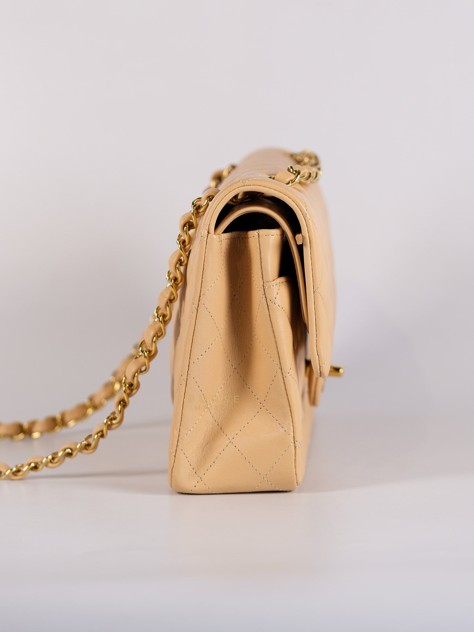 Classic Double Flap Medium in Beige Quilted Lambskin Leather Gold Hardware (Microchip) | Purse Maison Luxury Bags Shop