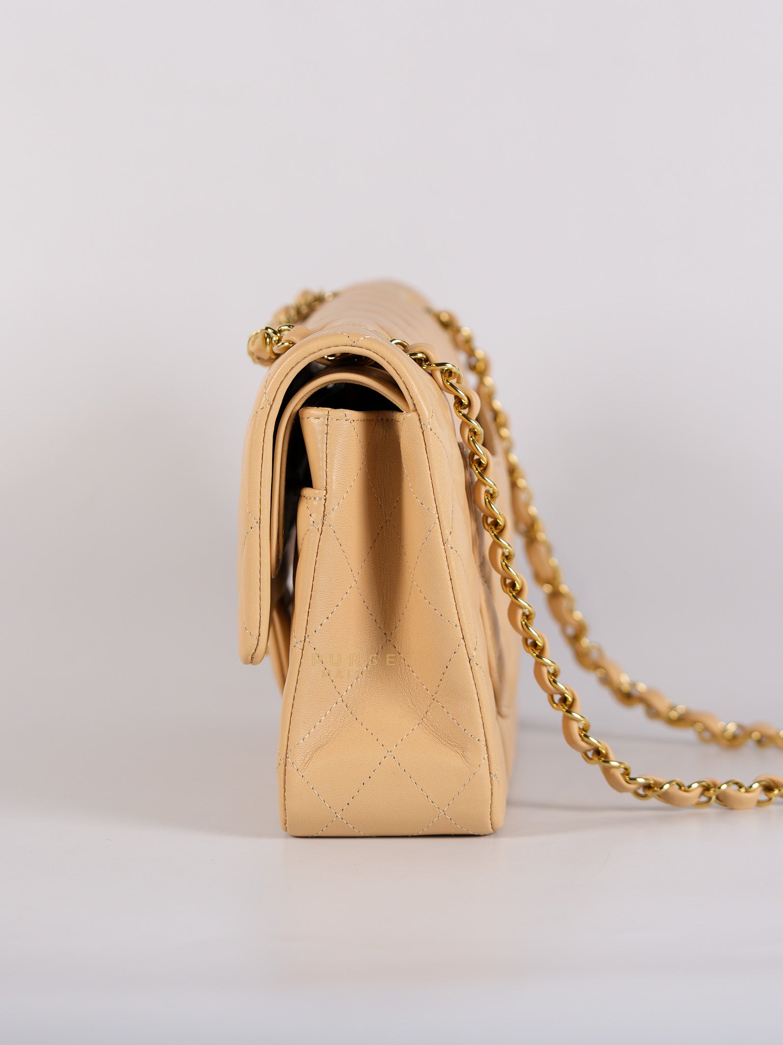 Classic Double Flap Medium in Beige Quilted Lambskin Leather Gold Hardware (Microchip) | Purse Maison Luxury Bags Shop