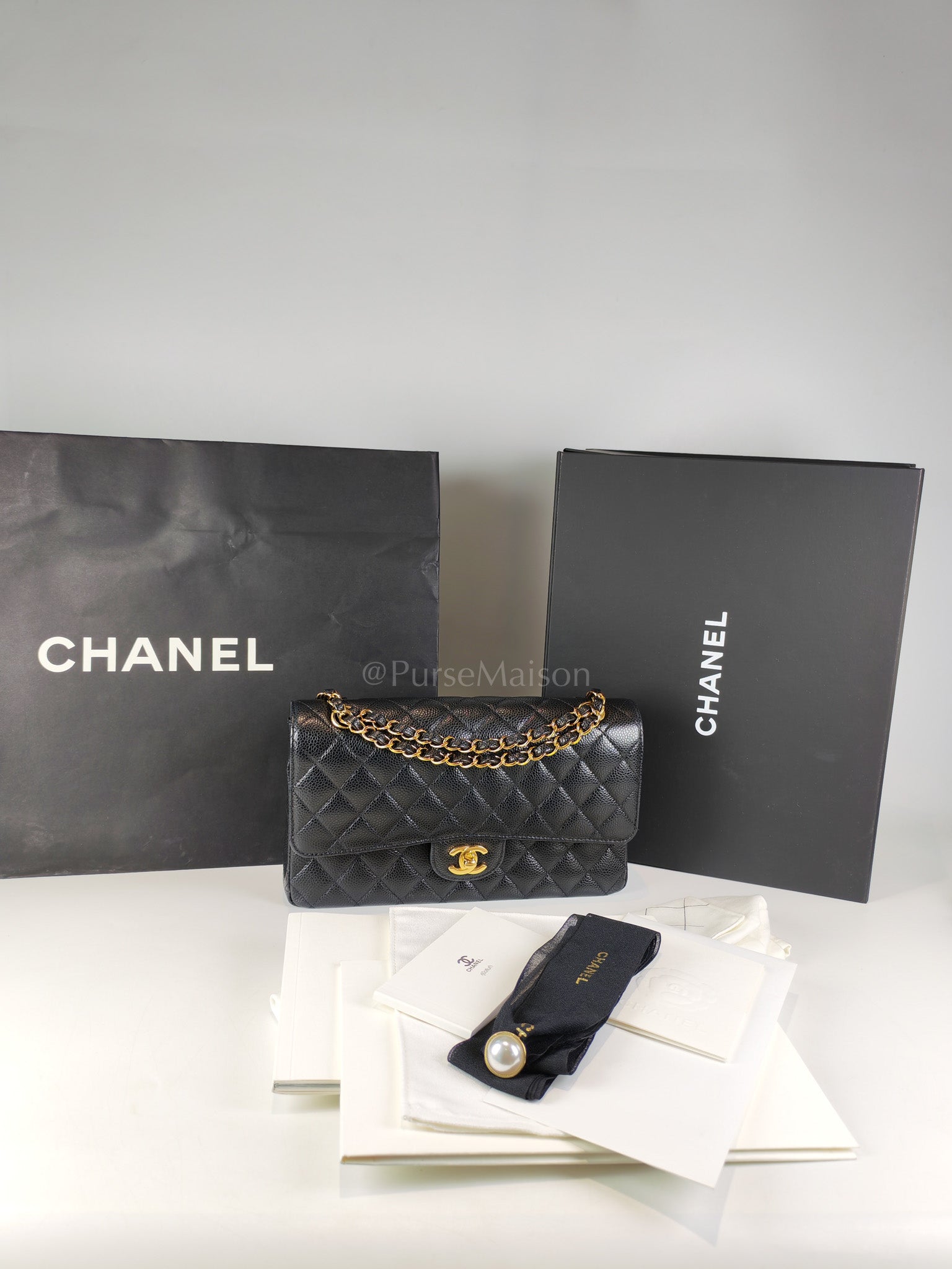 Classic Double Flap Medium in Black Caviar Leather and Gold Hardware (Microchip) | Purse Maison Luxury Bags Shop