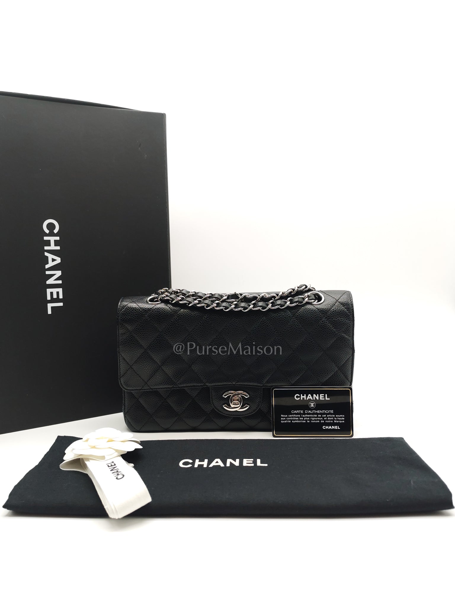 Classic Double Flap Medium in Black Caviar Leather and Silver Hardware Series 12 | Purse Maison Luxury Bags Shop