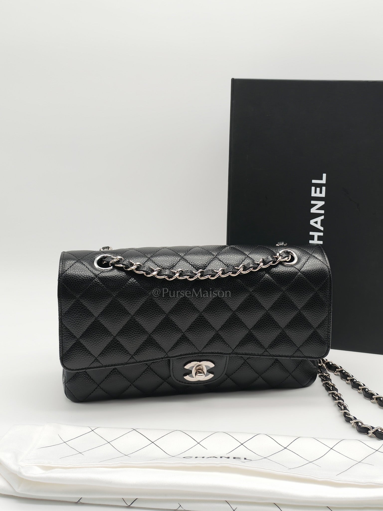 Classic Double Flap Medium in Black Caviar Leather & Silver Hardware (Microchip) | Purse Maison Luxury Bags Shop