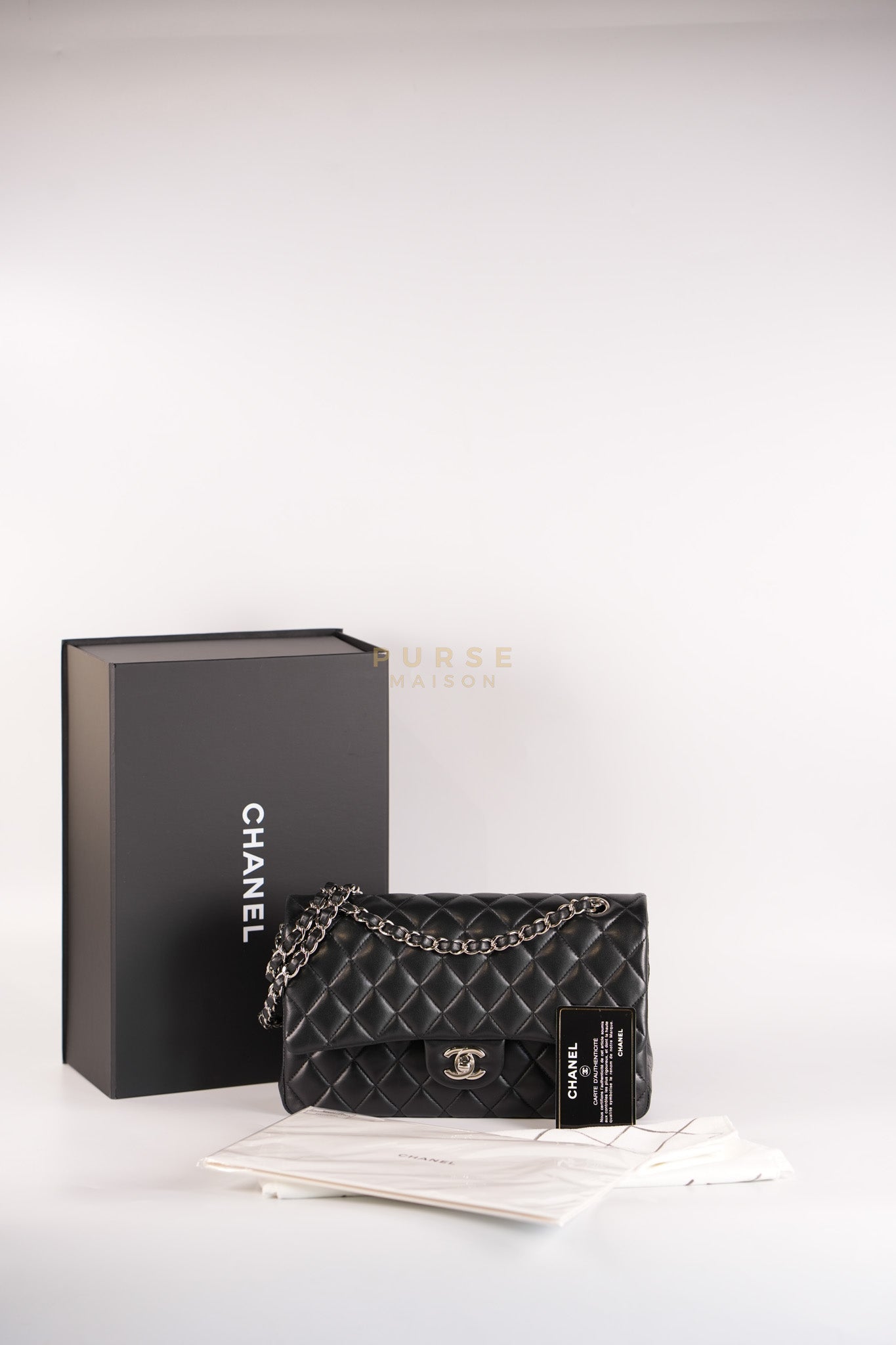 Classic Double Flap Medium in Black Lambskin Leather and Silver Hardware Series 25 | Purse Maison Luxury Bags Shop