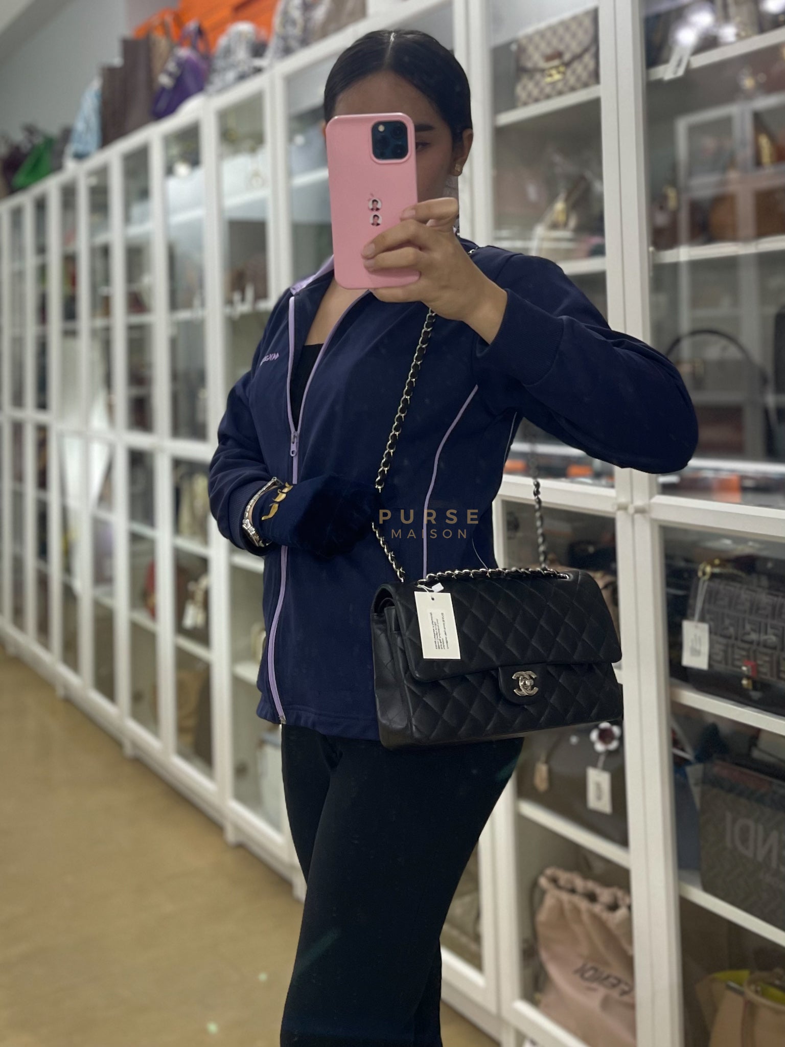 Classic Double Flap Medium in Black Lambskin Leather and Silver Hardware Series 27 | Purse Maison Luxury Bags Shop