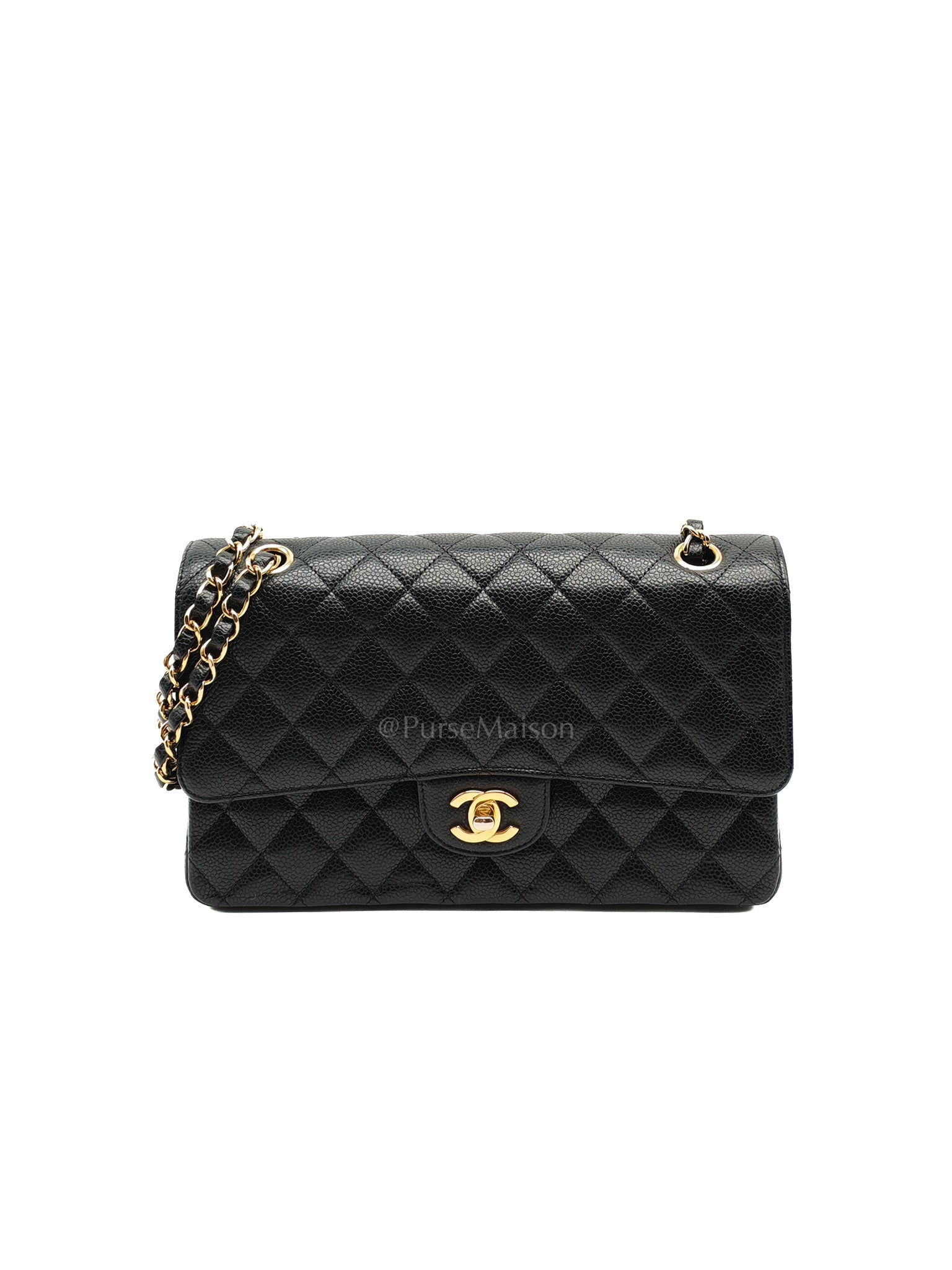 Classic Double Flap Medium in Black Quilted Caviar Leather and Gold Hardware Microchip | Purse Maison Luxury Bags Shop