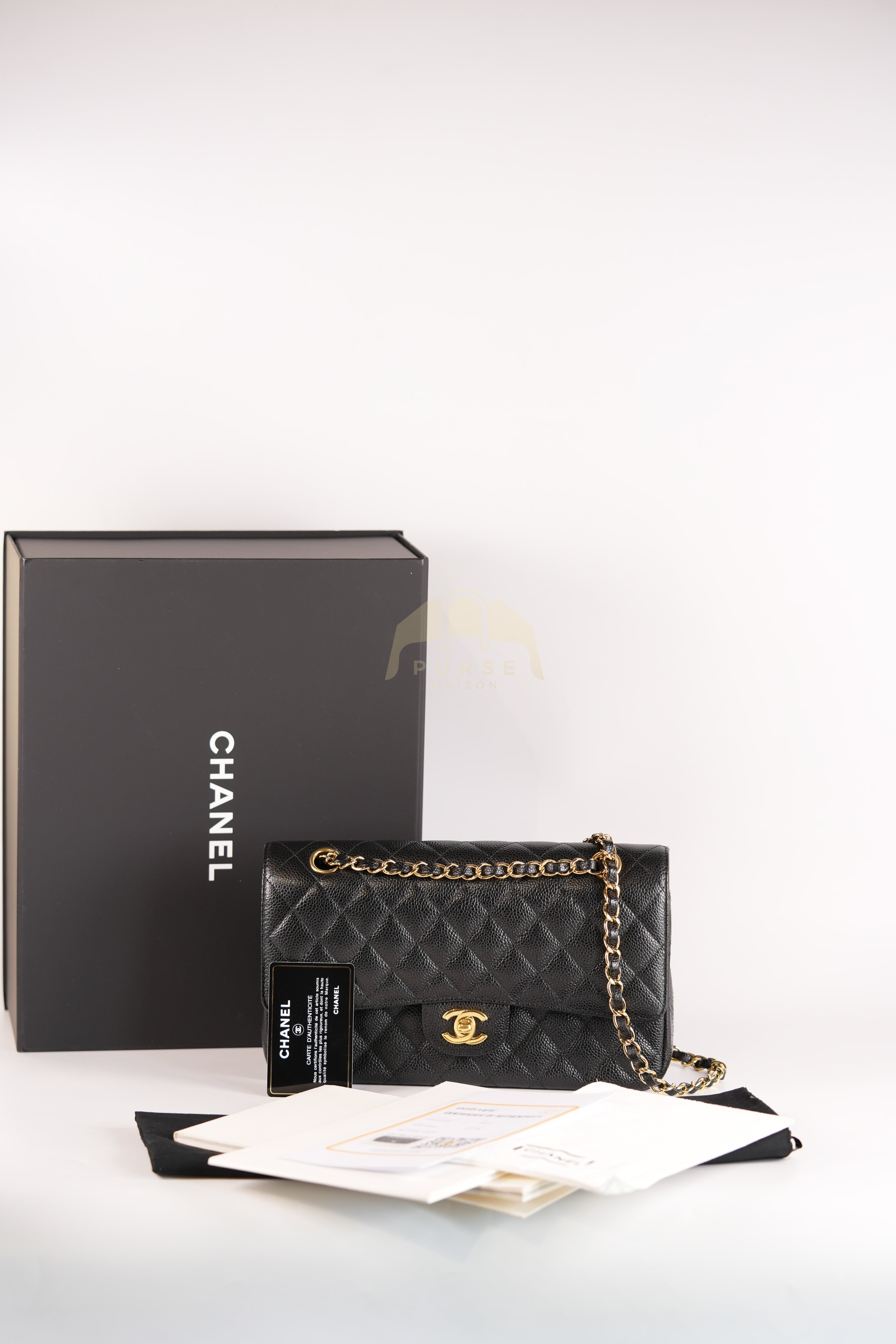 Classic Double Flap Medium in Black Quilted Caviar Leather and Gold Hardware Series 25 | Purse Maison Luxury Bags Shop