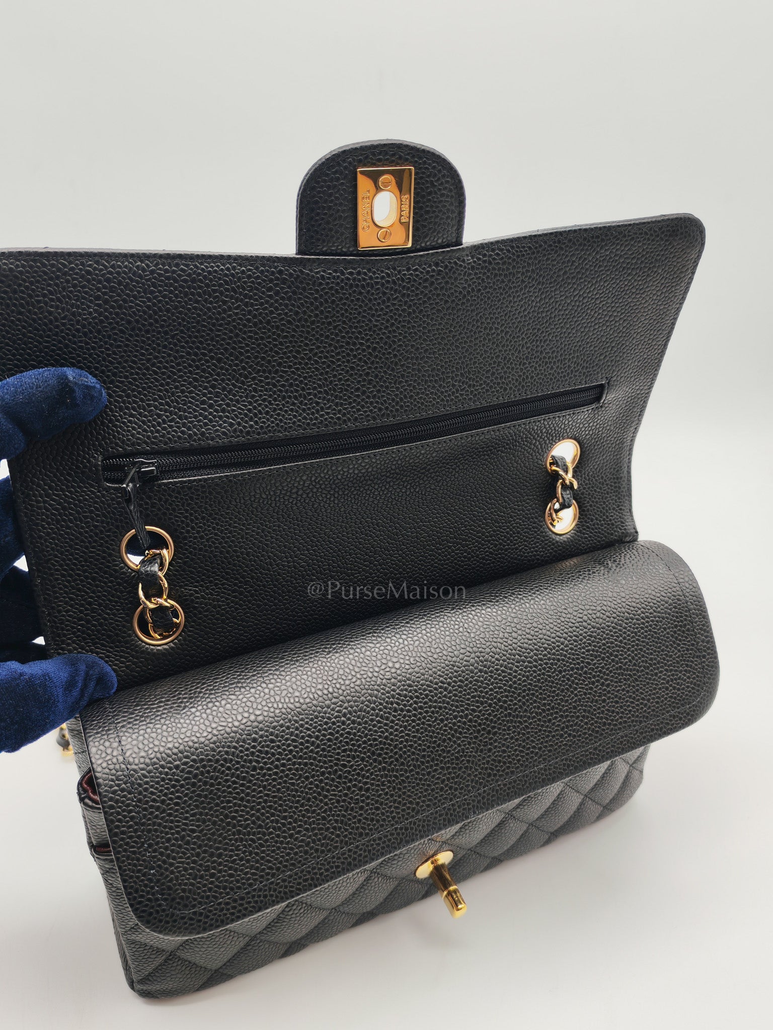 Classic Double Flap Medium in Black Quilted Caviar Leather and Gold Hardware Series 28 | Purse Maison Luxury Bags Shop
