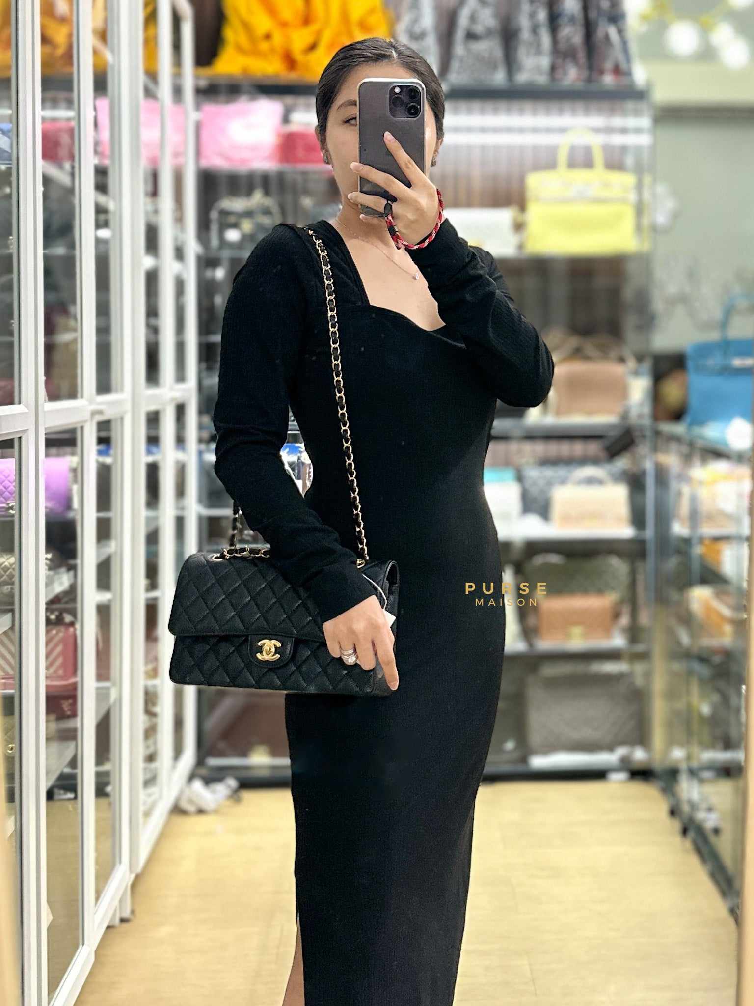 Classic Double Flap Medium in Black Quilted Caviar Leather and Gold Hardware Series 28 | Purse Maison Luxury Bags Shop