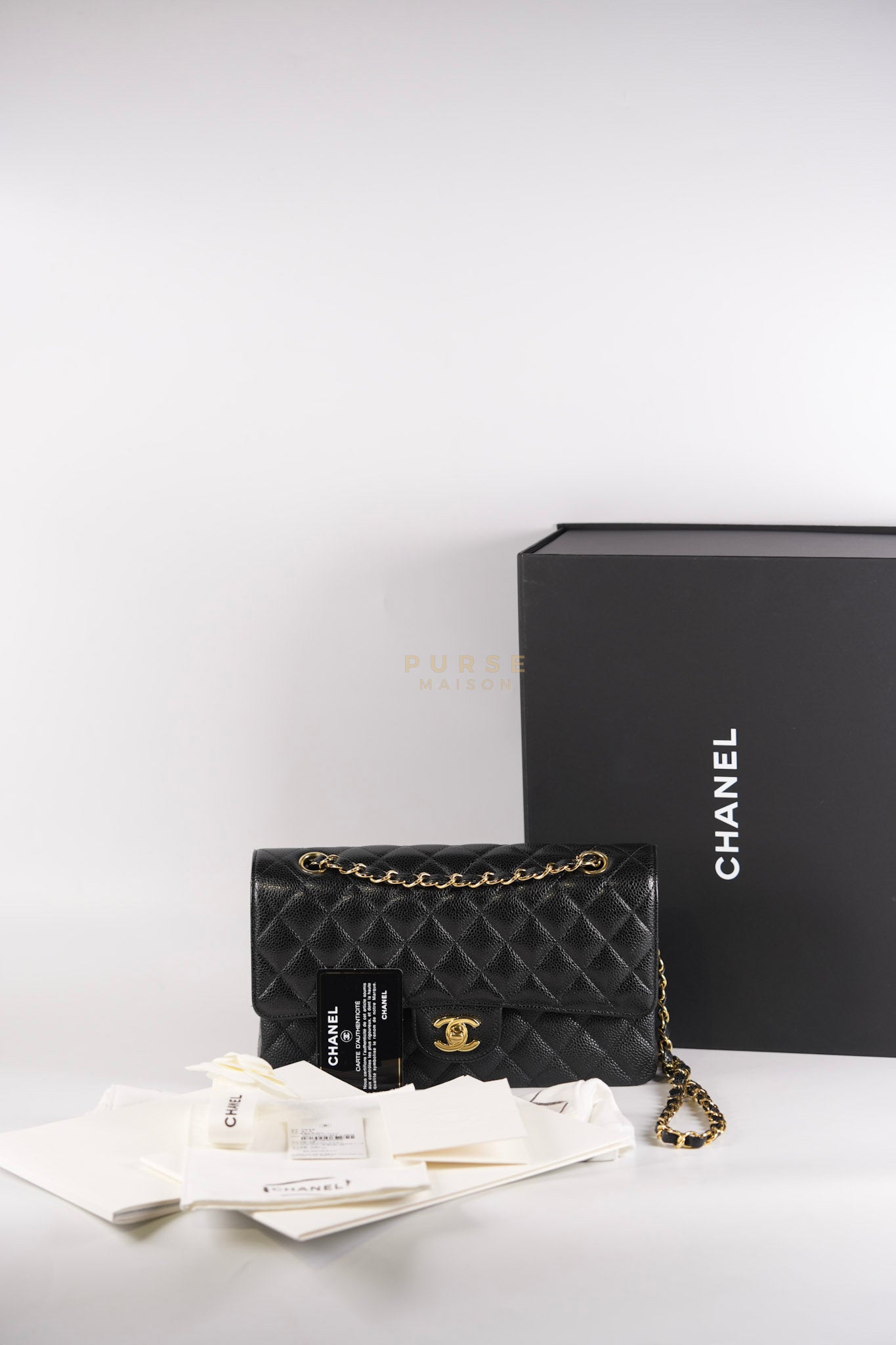 Classic Double Flap Medium in Black Quilted Caviar Leather and Gold Hardware Series 30 | Purse Maison Luxury Bags Shop