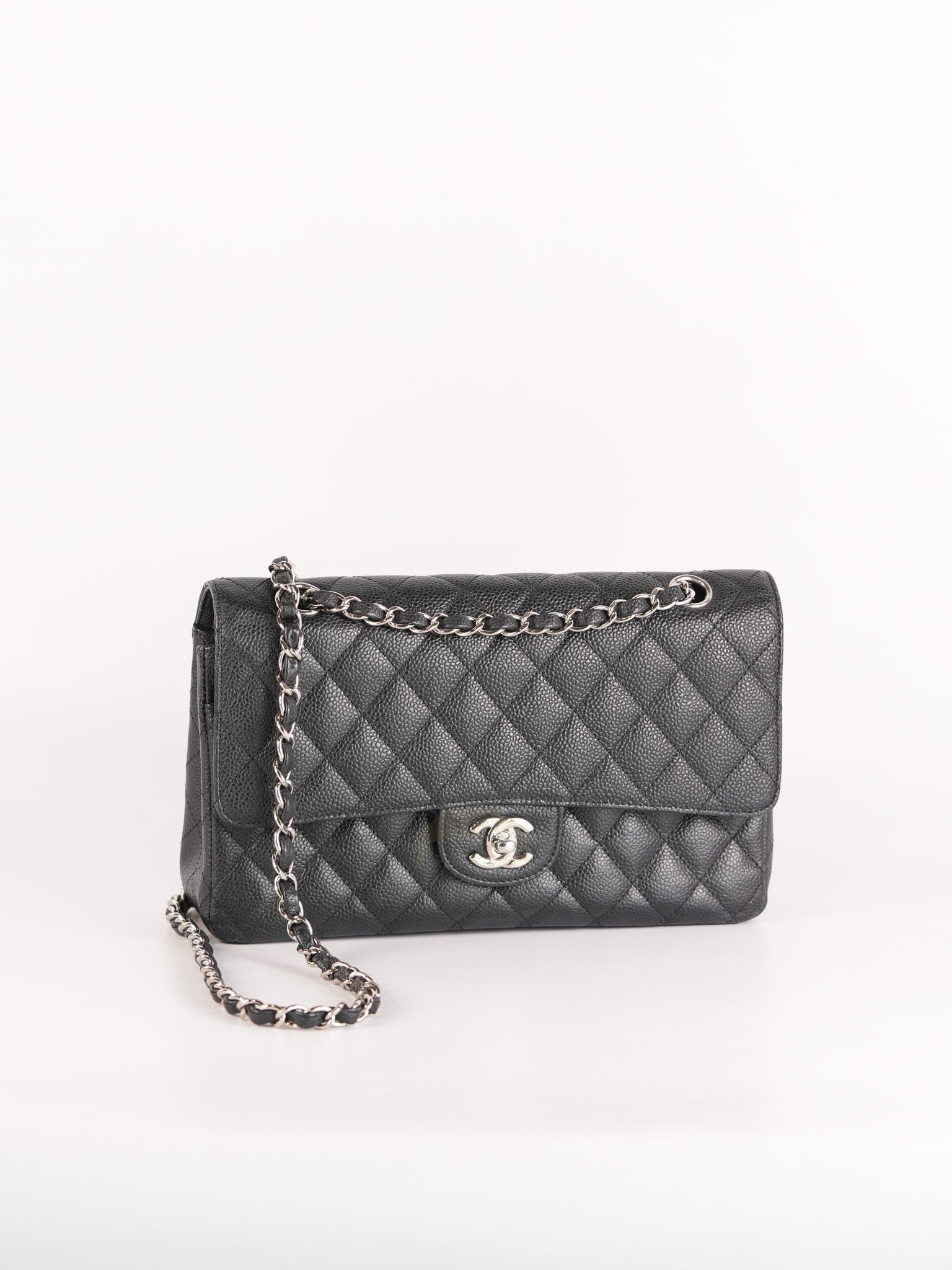 Classic Double Flap Medium in Black Quilted Caviar Leather and Silver Hardware Series 17 | Purse Maison Luxury Bags Shop