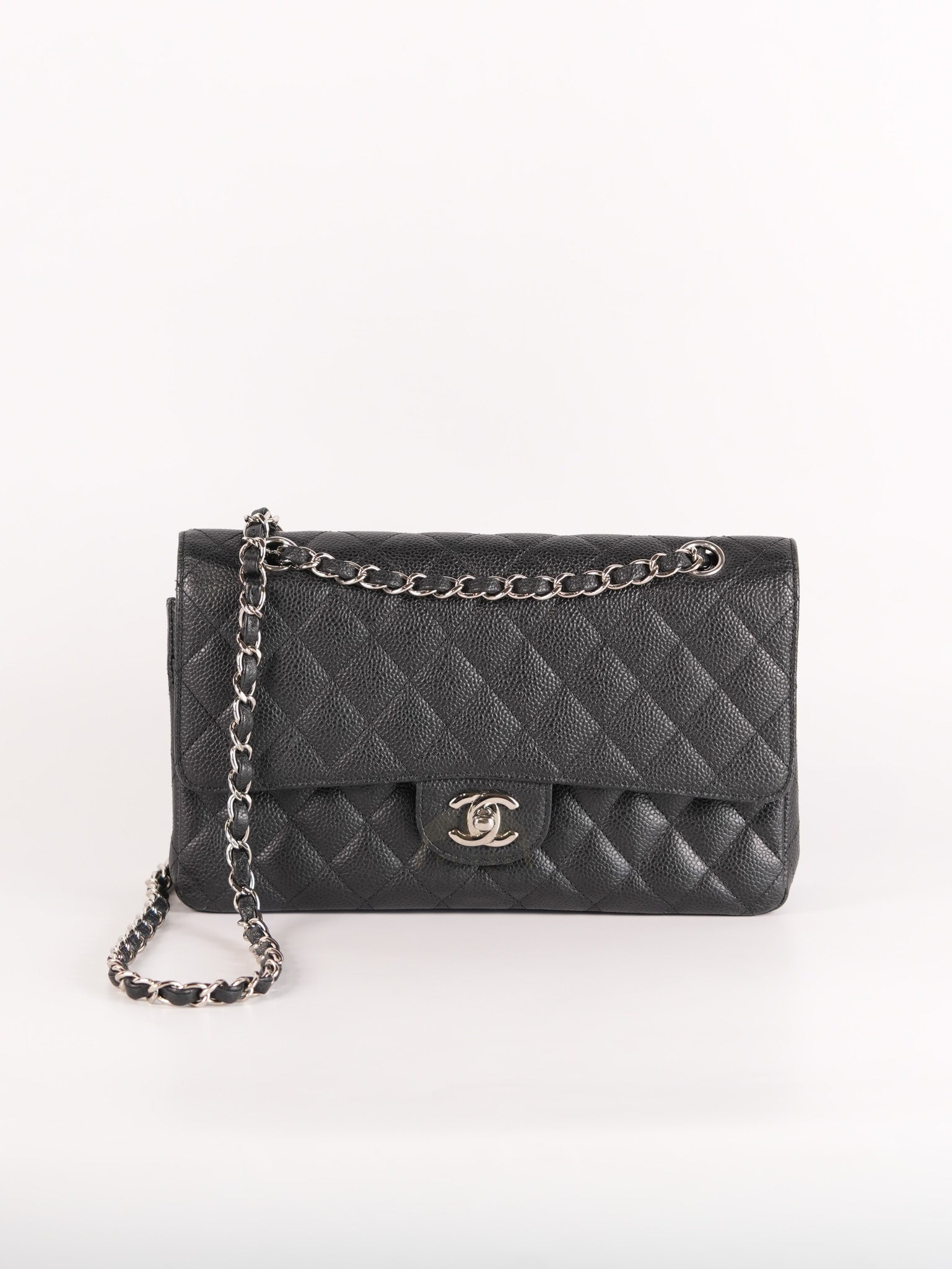 Classic Double Flap Medium in Black Quilted Caviar Leather and Silver Hardware Series 17 | Purse Maison Luxury Bags Shop