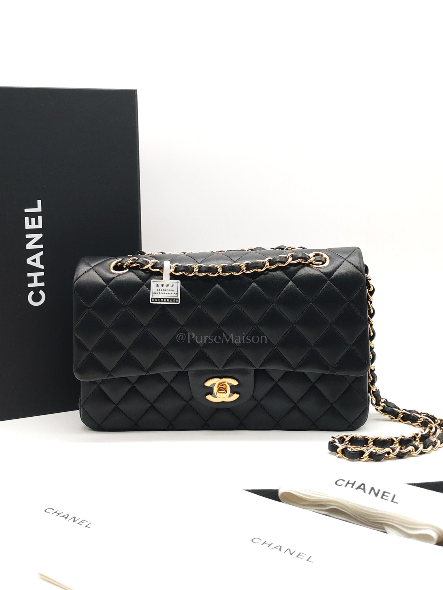 Classic Double Flap Medium in Black Quilted Lambskin Leather & Gold Hardware Microchip | Purse Maison Luxury Bags Shop