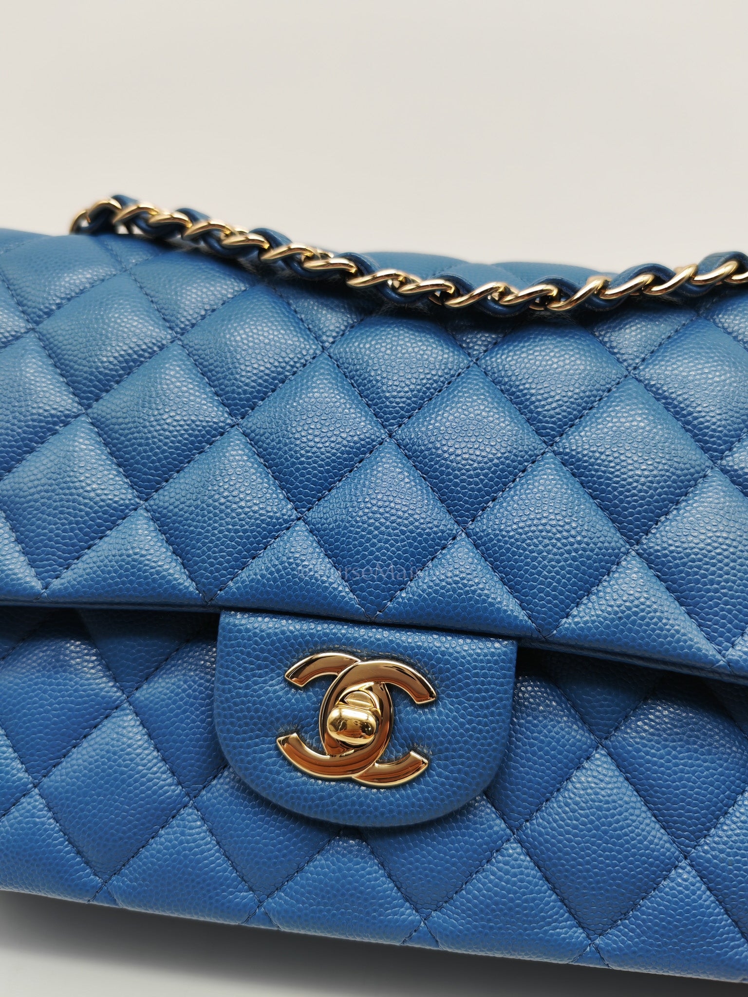 Classic Double Flap Medium in Blue Caviar Leather & Light Gold Hardware (Series 30) | Purse Maison Luxury Bags Shop