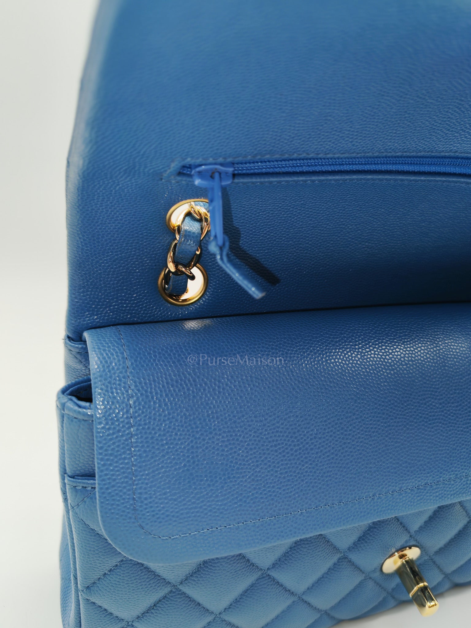 Classic Double Flap Medium in Blue Caviar Leather & Light Gold Hardware (Series 30) | Purse Maison Luxury Bags Shop