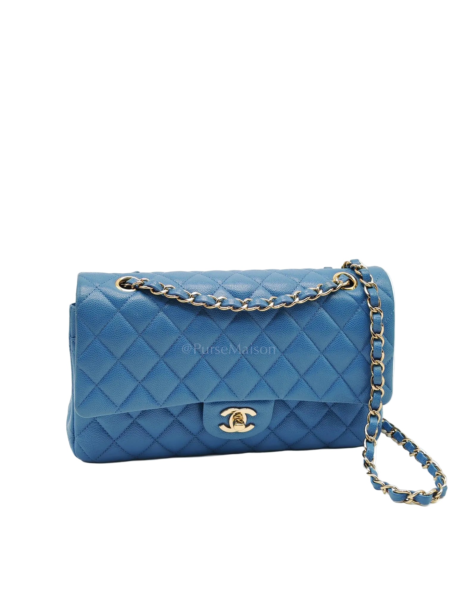 Classic Double Flap Medium in Blue Caviar Leather & Light Gold Hardware (Series 30) | Purse Maison Luxury Bags Shop