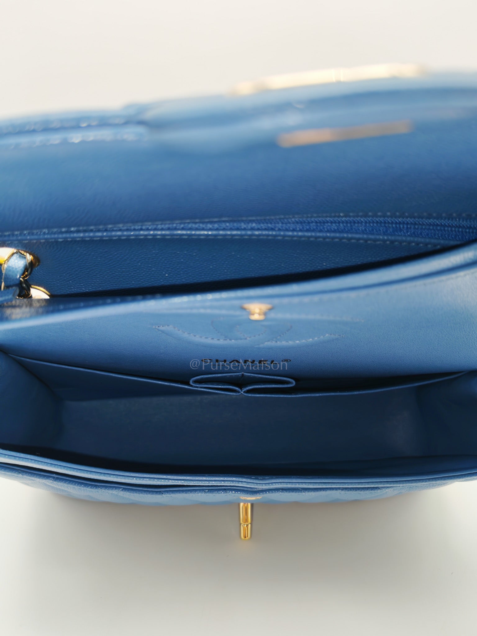 Classic Double Flap Medium in Blue Caviar Leather & Light Gold Hardware (Series 30) | Purse Maison Luxury Bags Shop