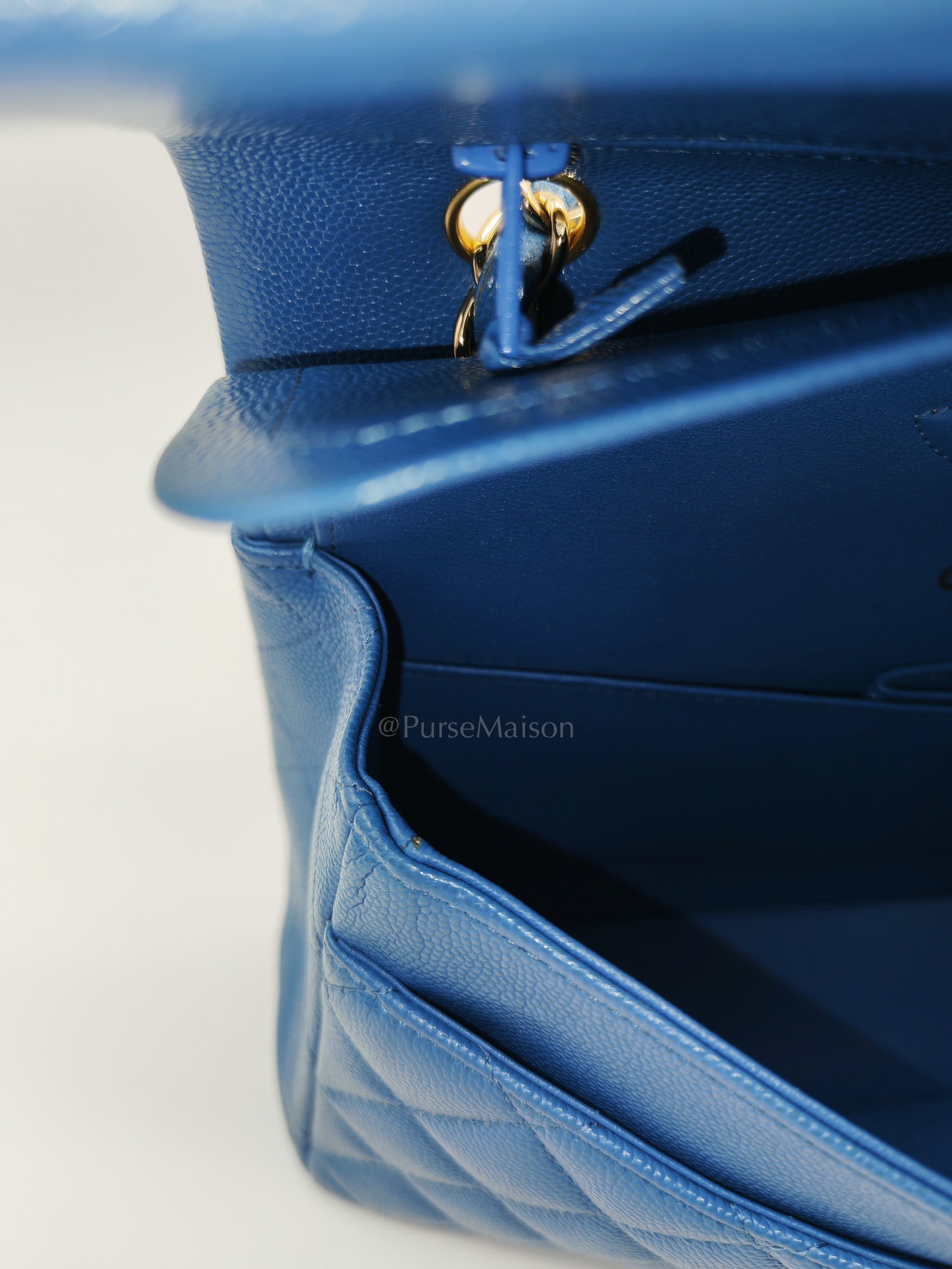 Classic Double Flap Medium in Blue Caviar Leather & Light Gold Hardware (Series 30) | Purse Maison Luxury Bags Shop