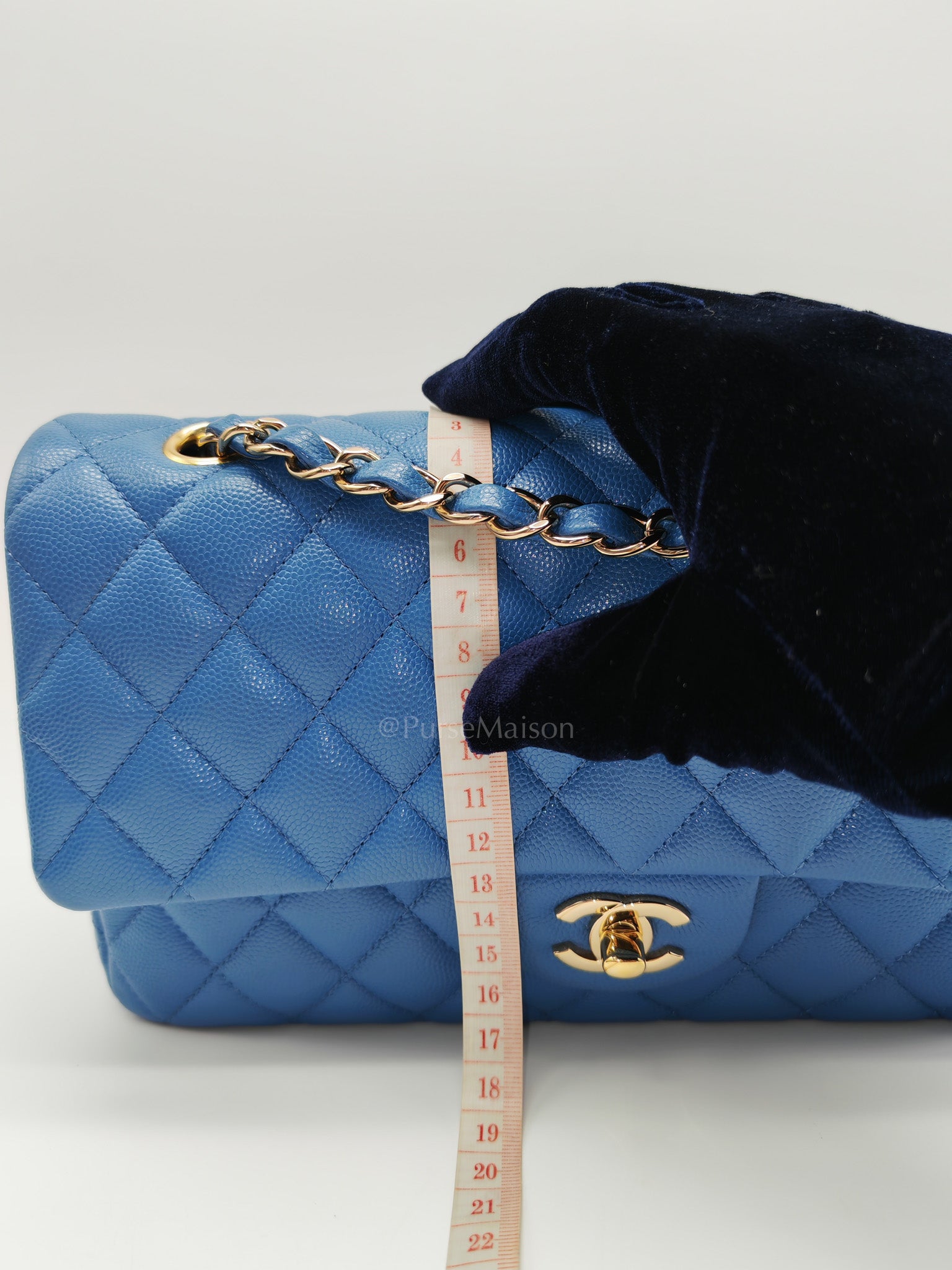 Classic Double Flap Medium in Blue Caviar Leather & Light Gold Hardware (Series 30) | Purse Maison Luxury Bags Shop