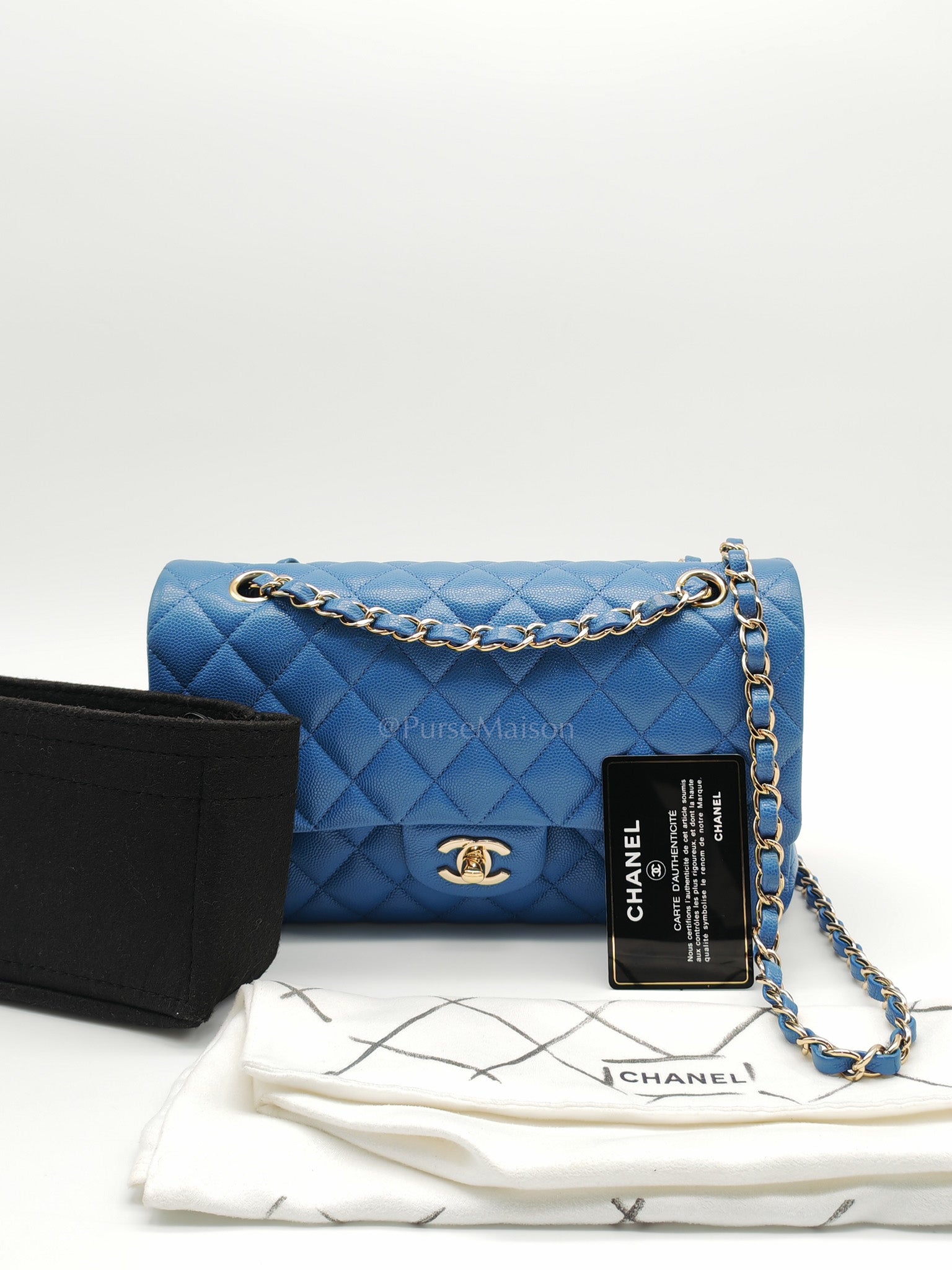 Classic Double Flap Medium in Blue Caviar Leather & Light Gold Hardware (Series 30) | Purse Maison Luxury Bags Shop