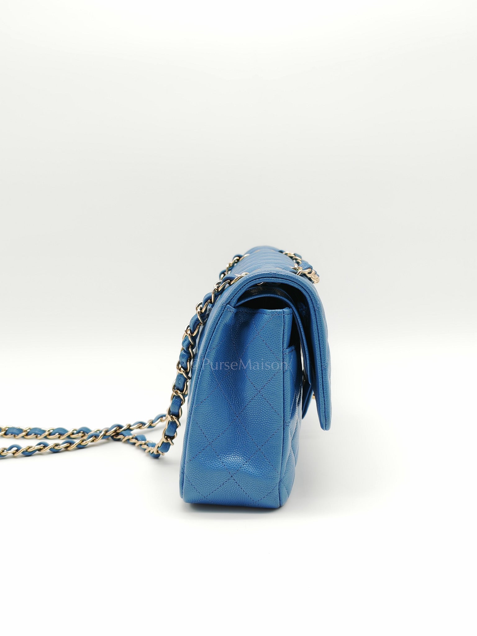 Classic Double Flap Medium in Blue Caviar Leather & Light Gold Hardware (Series 30) | Purse Maison Luxury Bags Shop