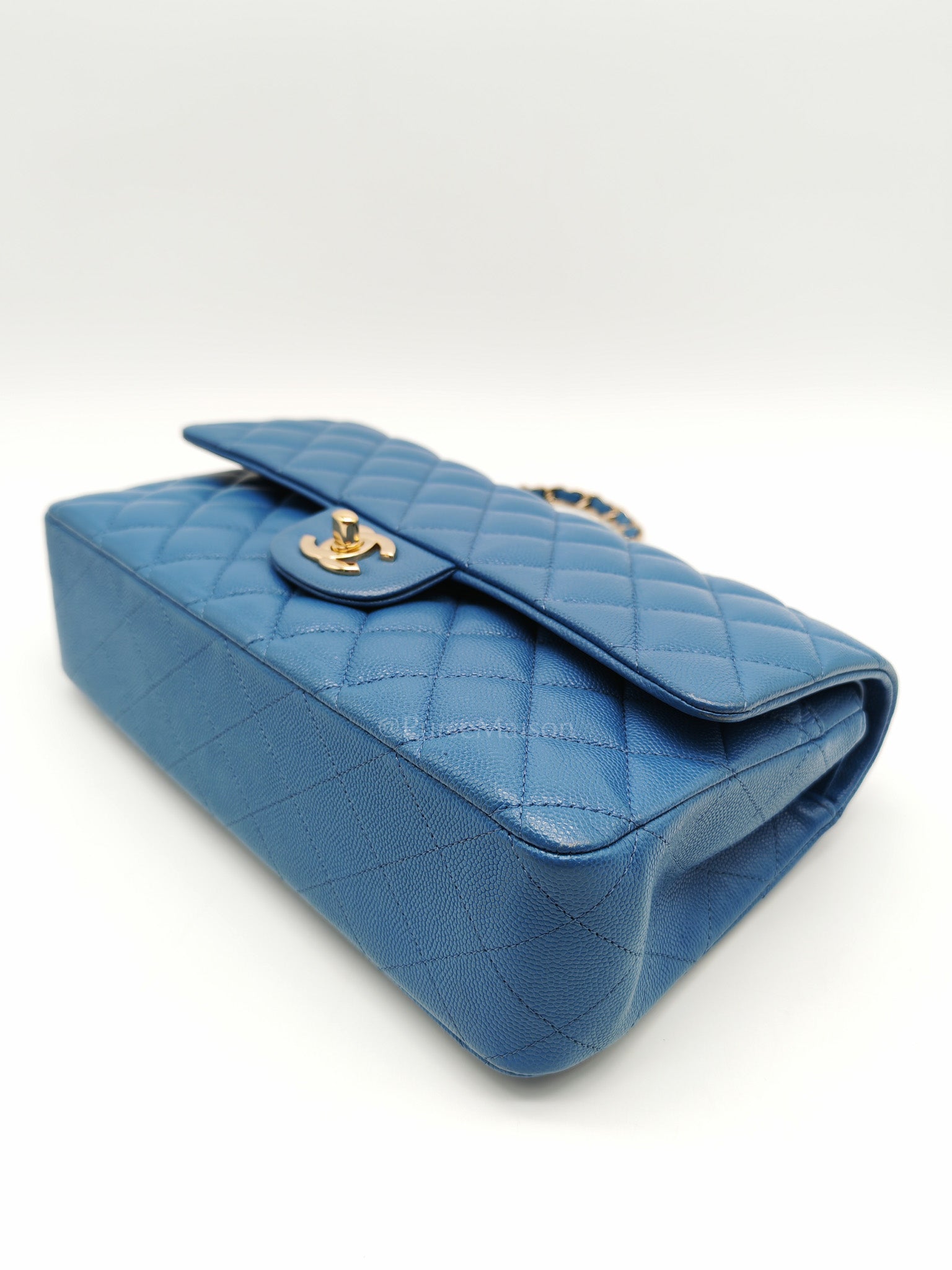 Classic Double Flap Medium in Blue Caviar Leather & Light Gold Hardware (Series 30) | Purse Maison Luxury Bags Shop
