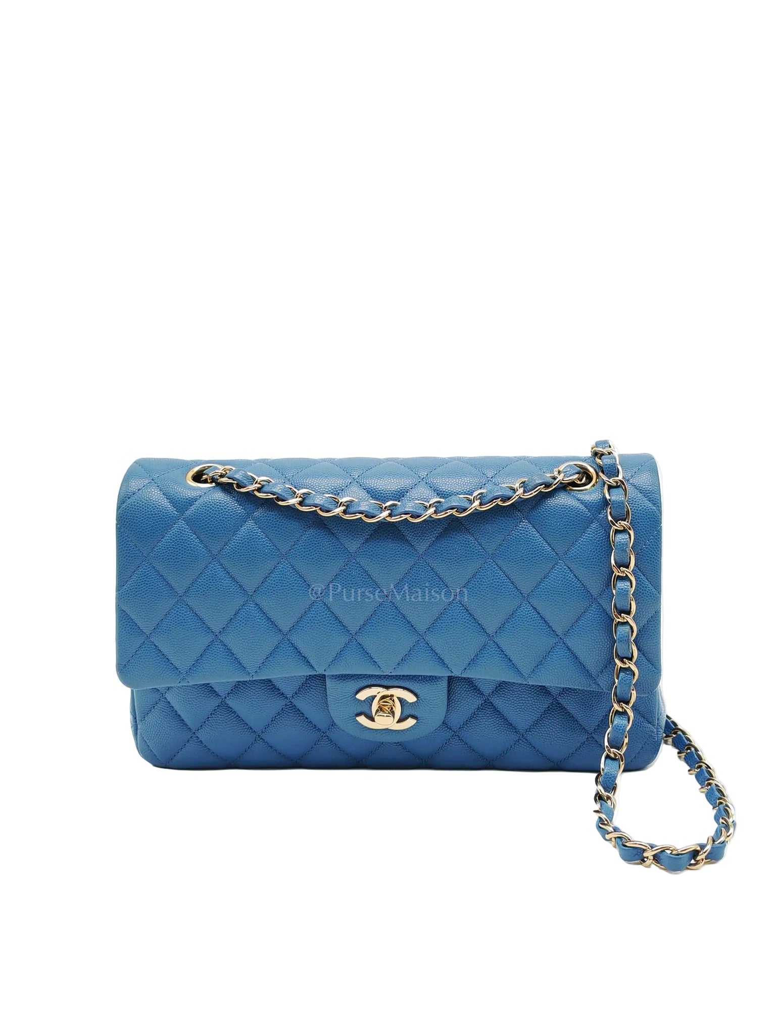Classic Double Flap Medium in Blue Caviar Leather & Light Gold Hardware (Series 30) | Purse Maison Luxury Bags Shop