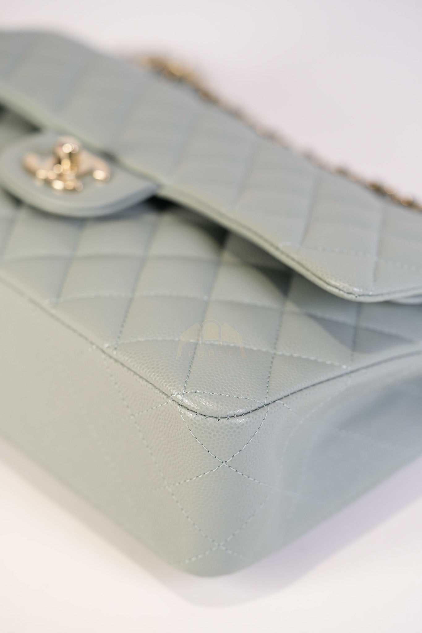 Classic Double Flap Medium in Mint Green Quilted Caviar Leather & Light Gold Hardware Microchip | Purse Maison Luxury Bags Shop