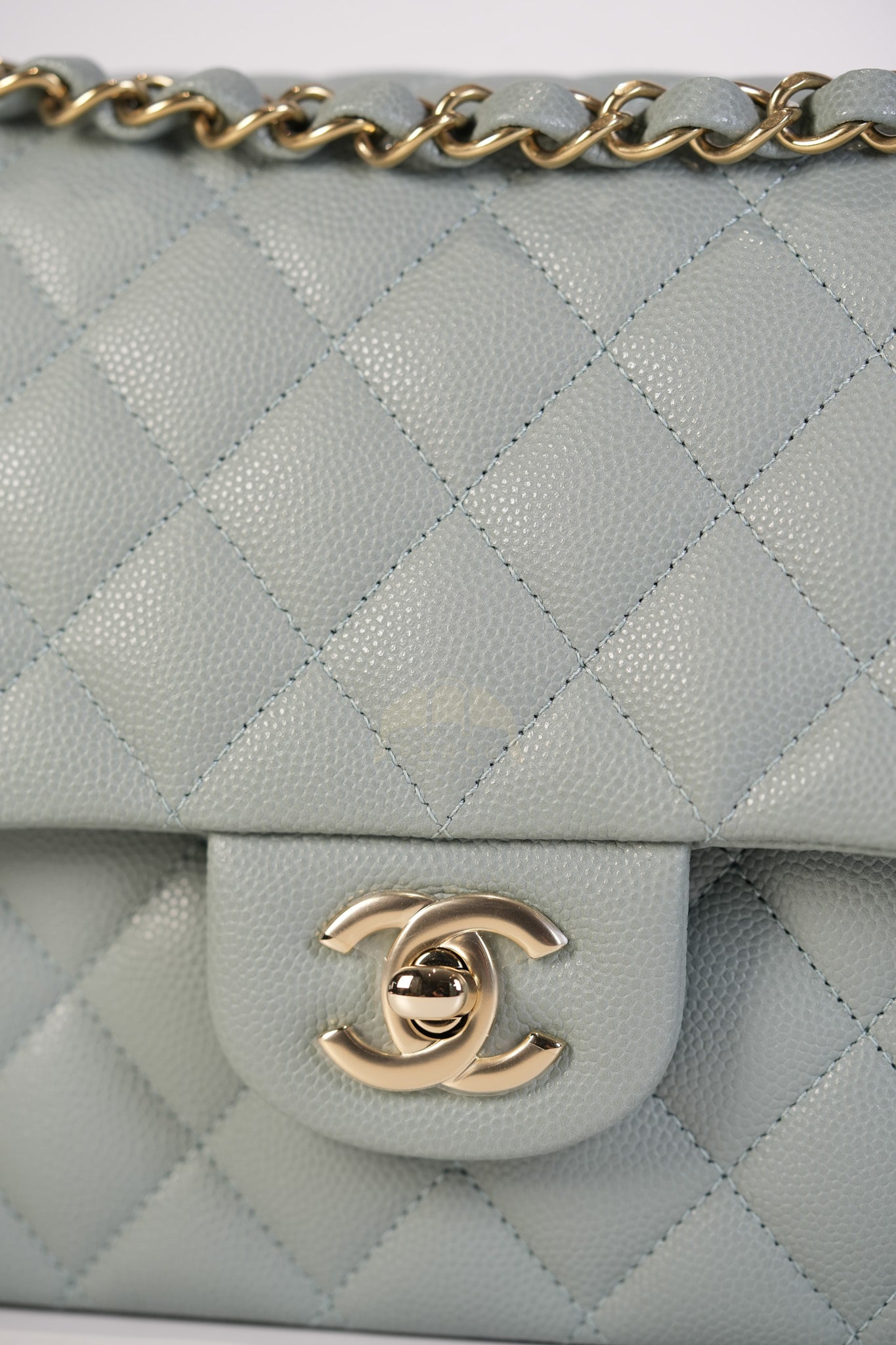 Classic Double Flap Medium in Mint Green Quilted Caviar Leather & Light Gold Hardware Microchip | Purse Maison Luxury Bags Shop