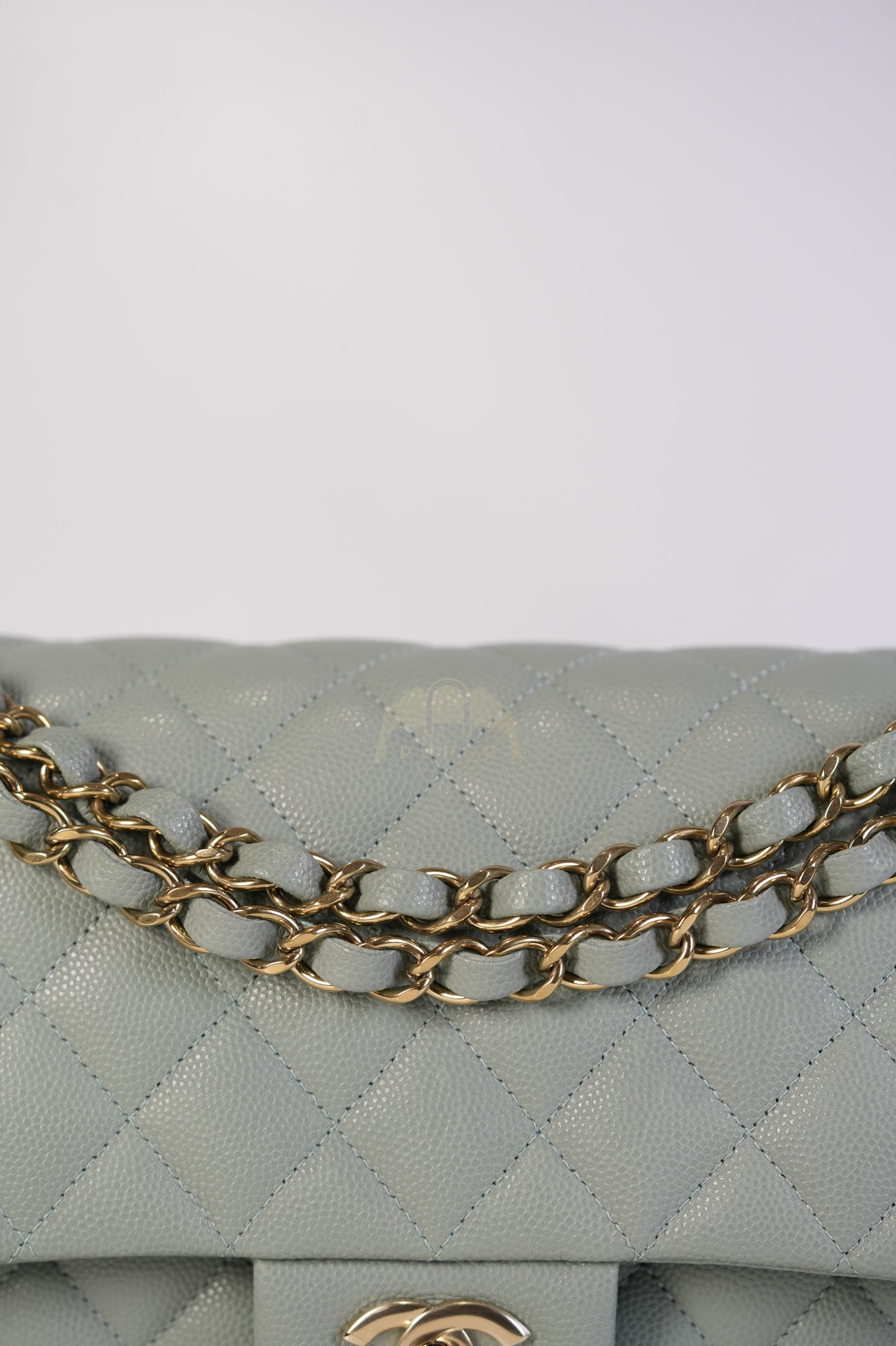 Classic Double Flap Medium in Mint Green Quilted Caviar Leather & Light Gold Hardware Microchip | Purse Maison Luxury Bags Shop