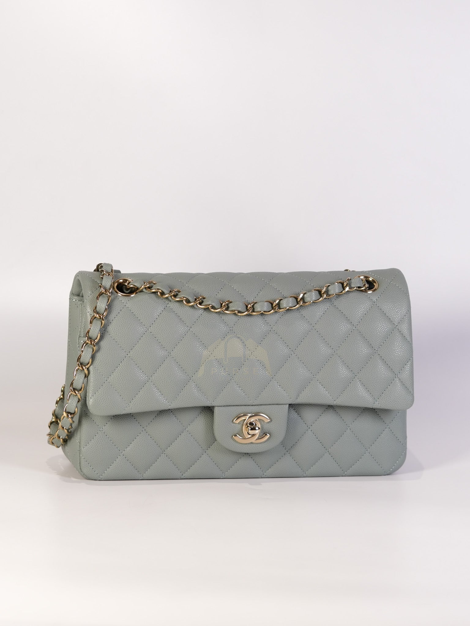 Classic Double Flap Medium in Mint Green Quilted Caviar Leather & Light Gold Hardware Microchip | Purse Maison Luxury Bags Shop