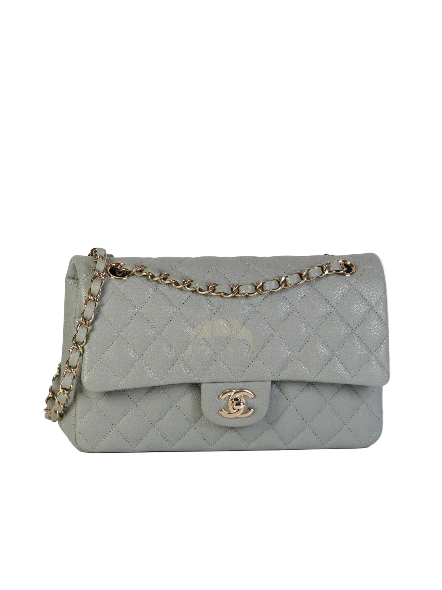 Classic Double Flap Medium in Mint Green Quilted Caviar Leather & Light Gold Hardware Microchip | Purse Maison Luxury Bags Shop